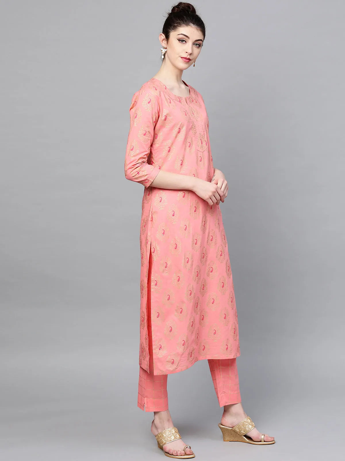 Ishin Women's Cotton Pink Foil Printed A-Line Kurta Palazzo Set