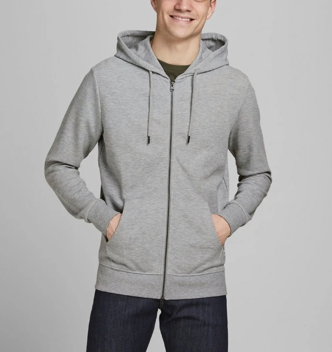 Jack & Jones Basic Zip Up Hooded Sweatshirts Light Grey Melange