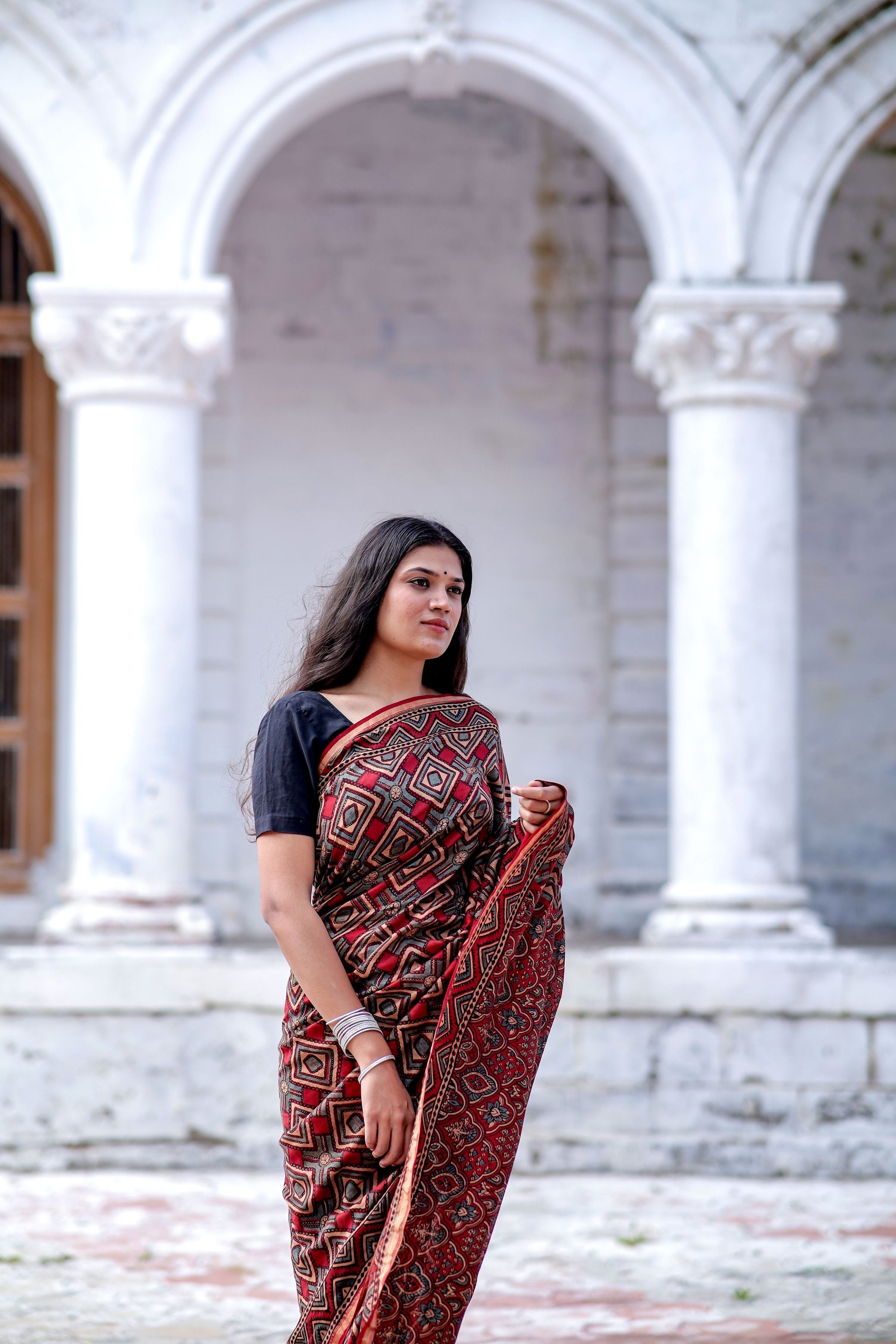 Jharokha - Red and black triangle red striped silk cotton Ajrakh handblockprinted saree