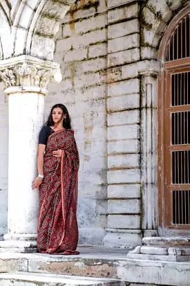 Jharokha - Red and black triangle red striped silk cotton Ajrakh handblockprinted saree