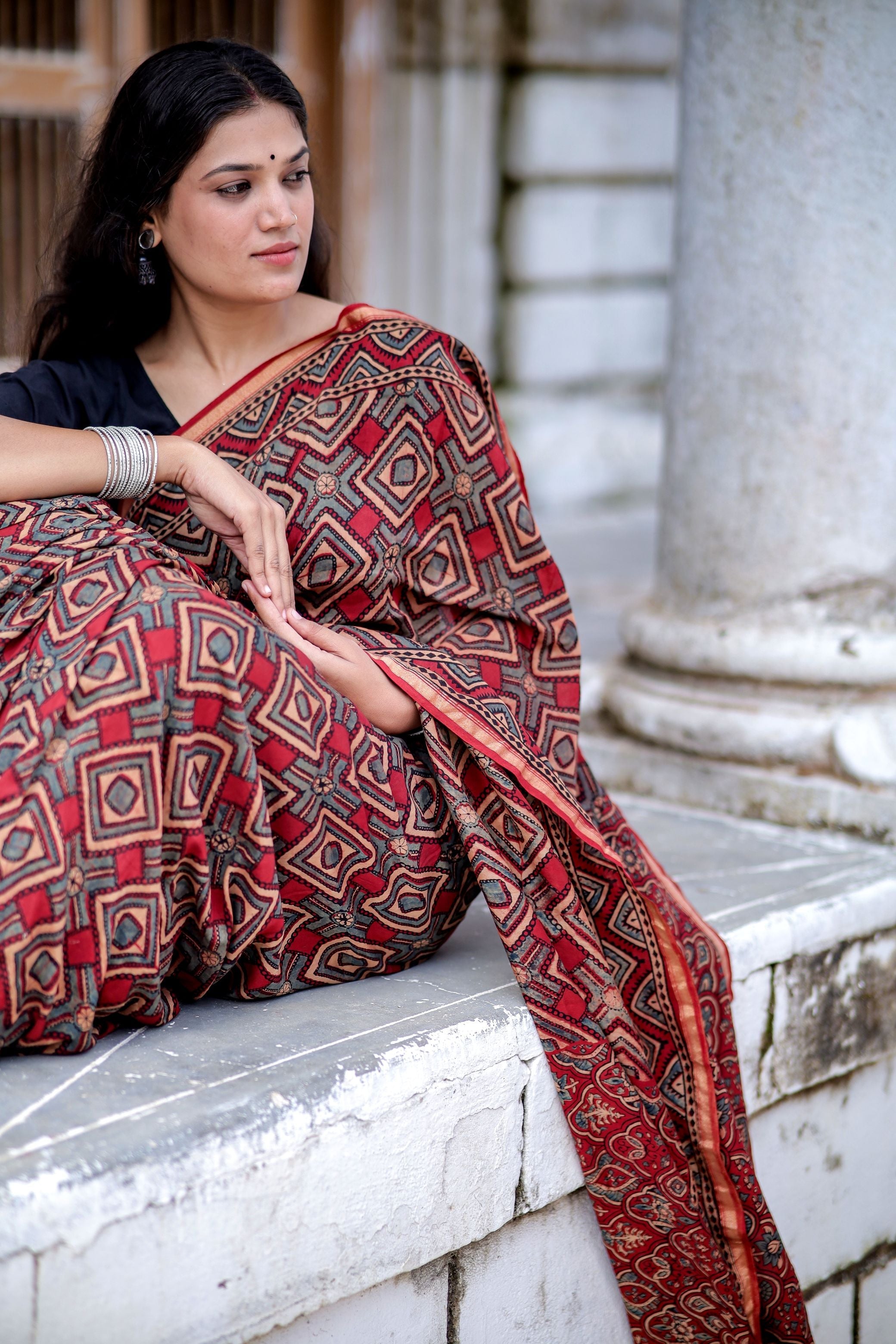 Jharokha - Red and black triangle red striped silk cotton Ajrakh handblockprinted saree