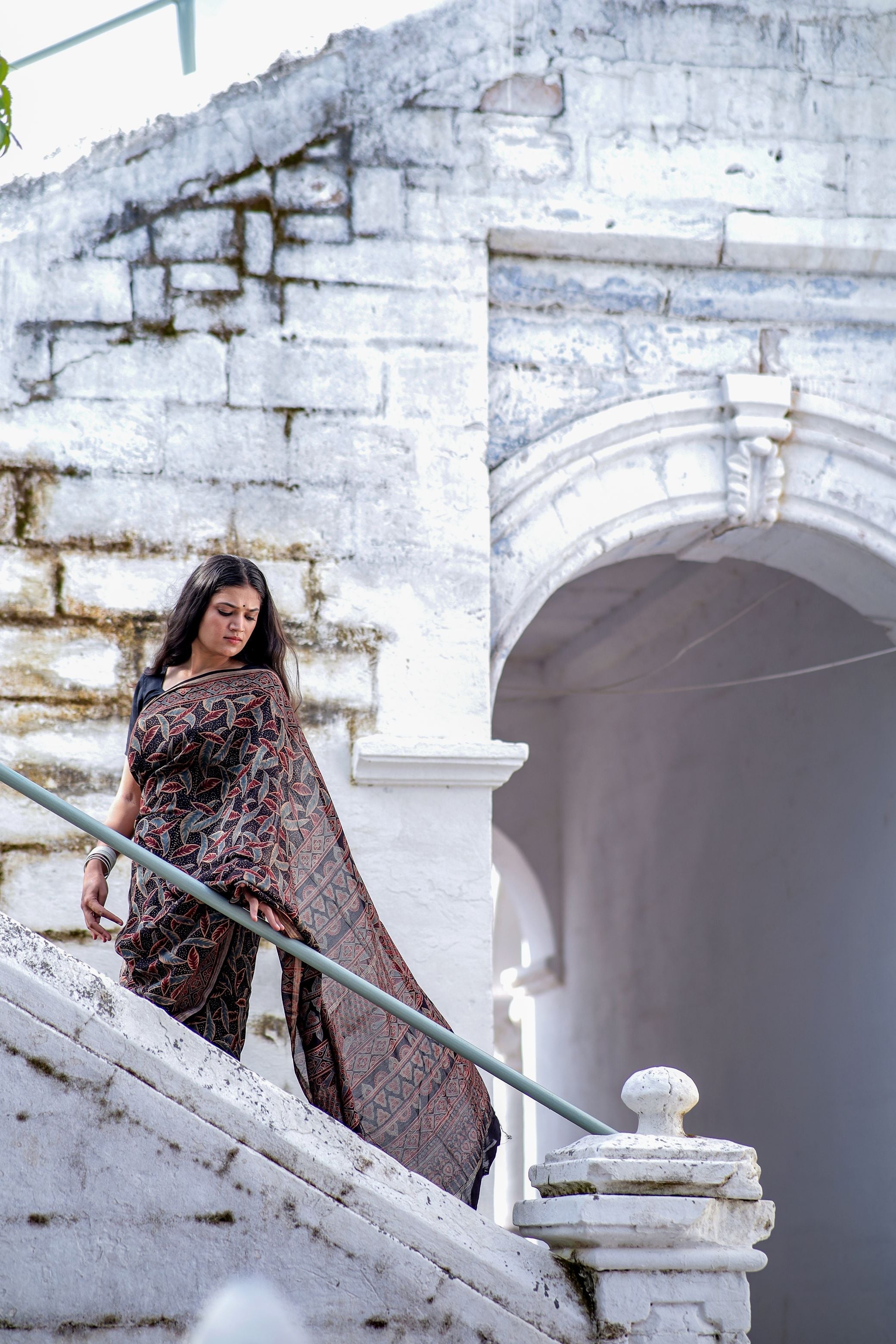 Jharokha -Black leaf silk cotton Ajrakh handblockprinted saree