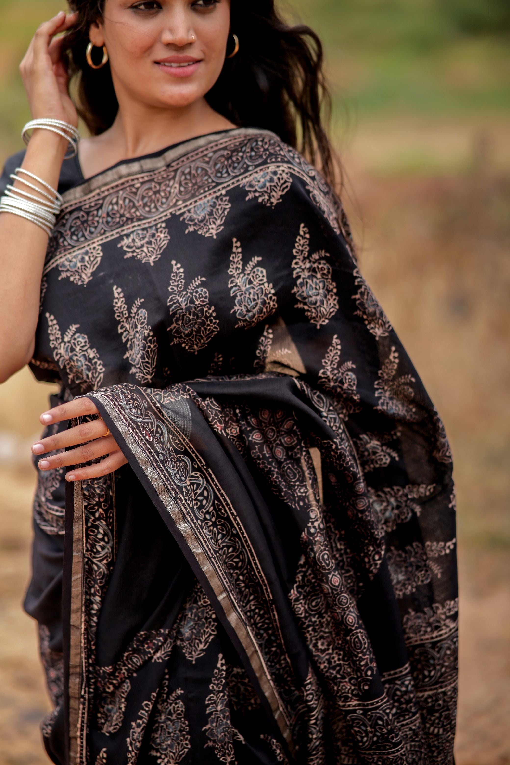 Jharokha -Black Mughal boota floral silk cotton Ajrakh handblockprinted saree