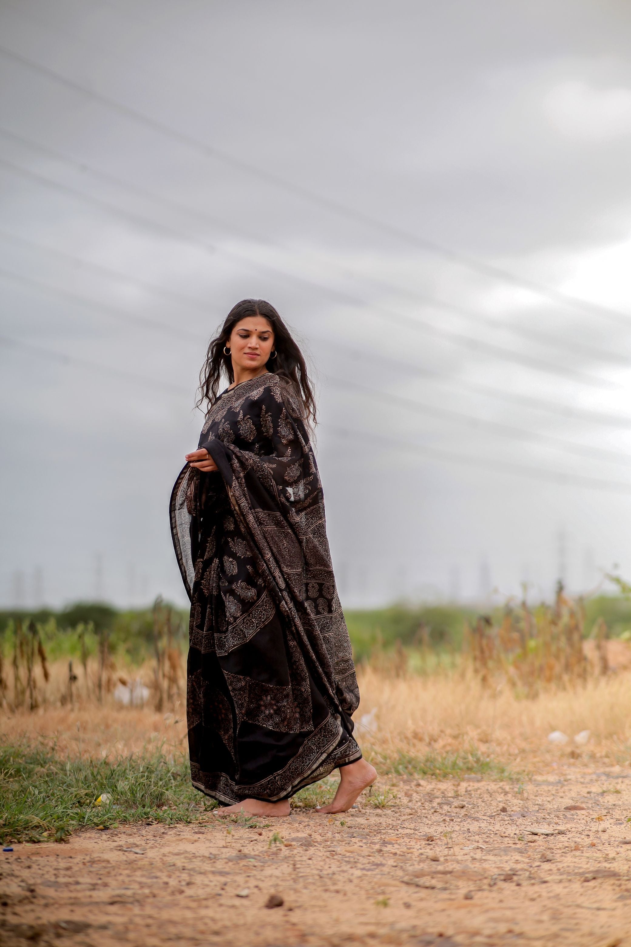 Jharokha -Black Mughal boota floral silk cotton Ajrakh handblockprinted saree