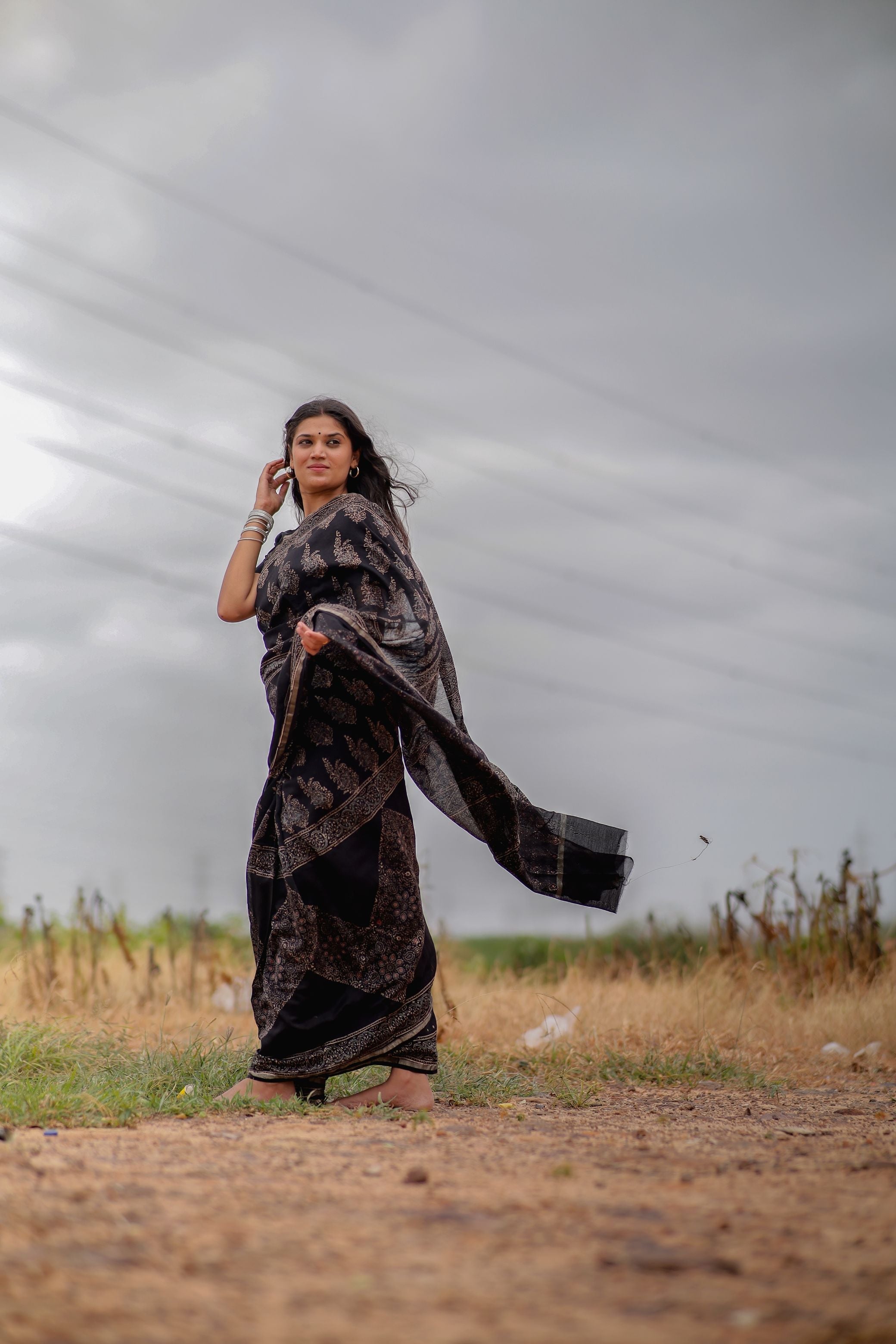 Jharokha -Black Mughal boota floral silk cotton Ajrakh handblockprinted saree