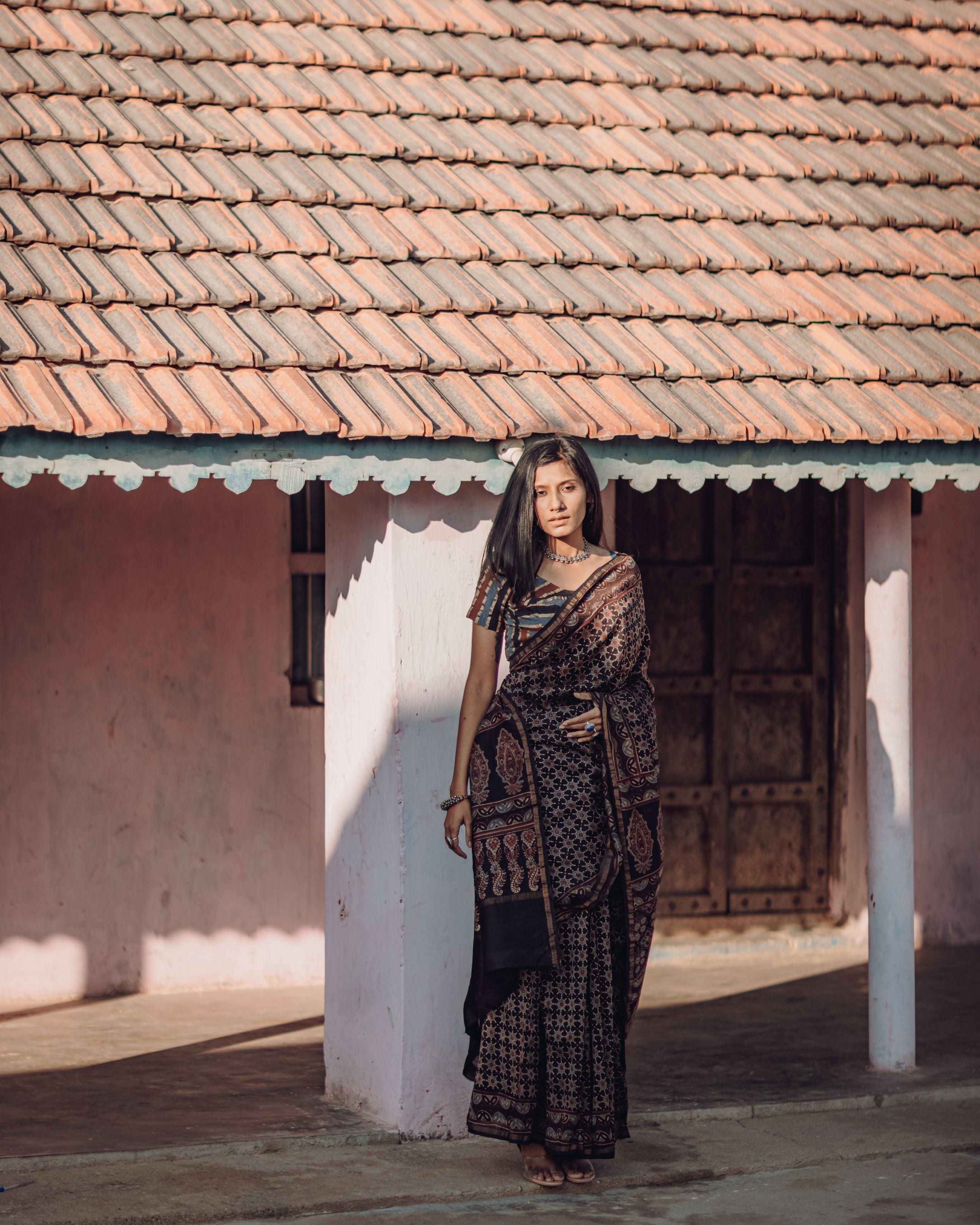 Jharokha -Black silk cotton Ajrakh handblockprinted saree