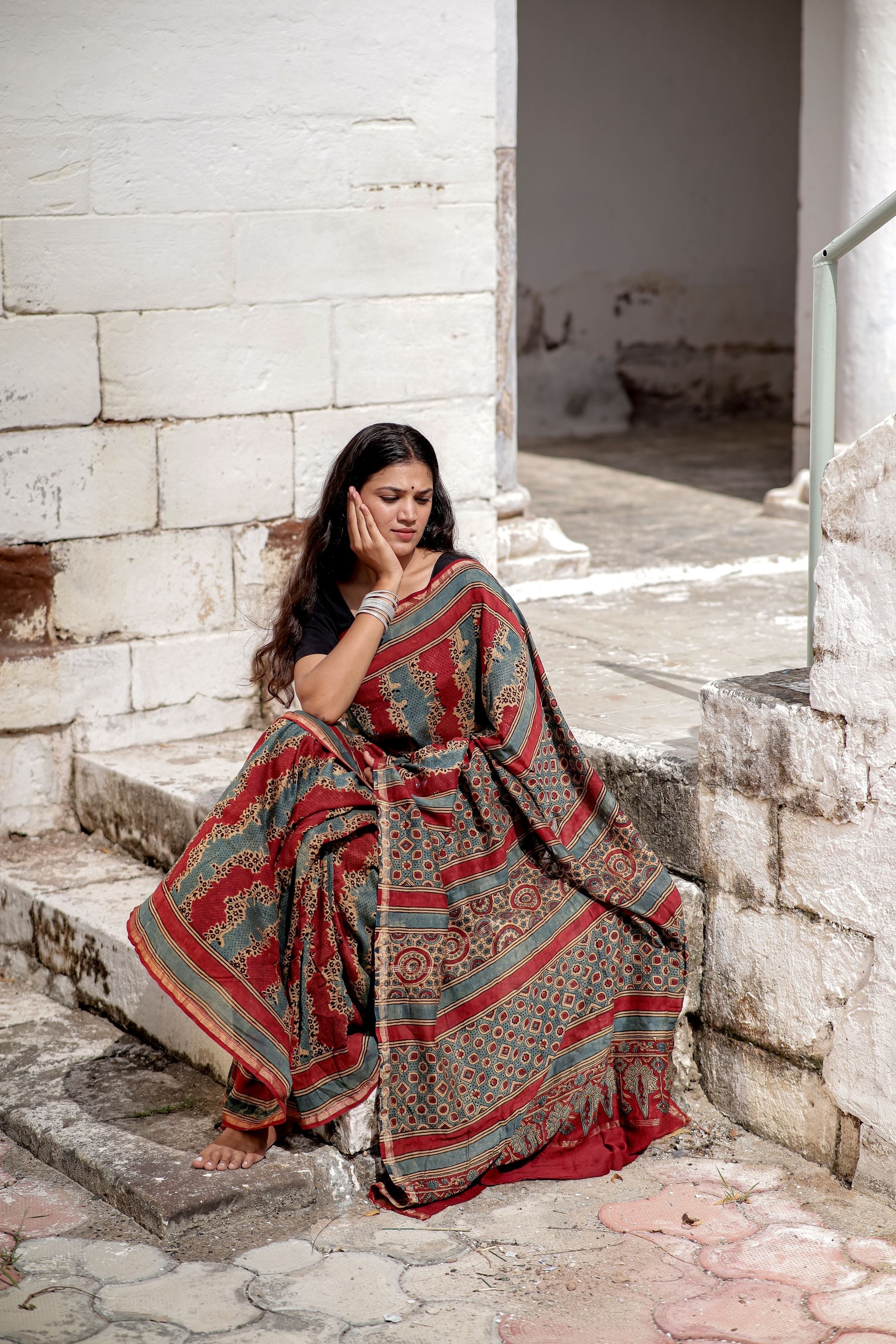 Jharokha -Blue and Red geometric silk cotton Ajrakh handblockprinted saree