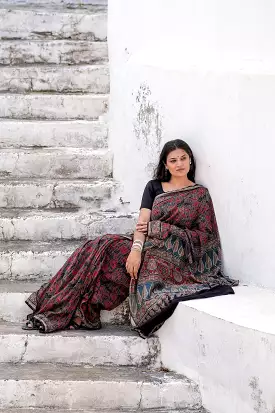 Jharokha -Indigo red floral silk cotton Ajrakh handblockprinted saree