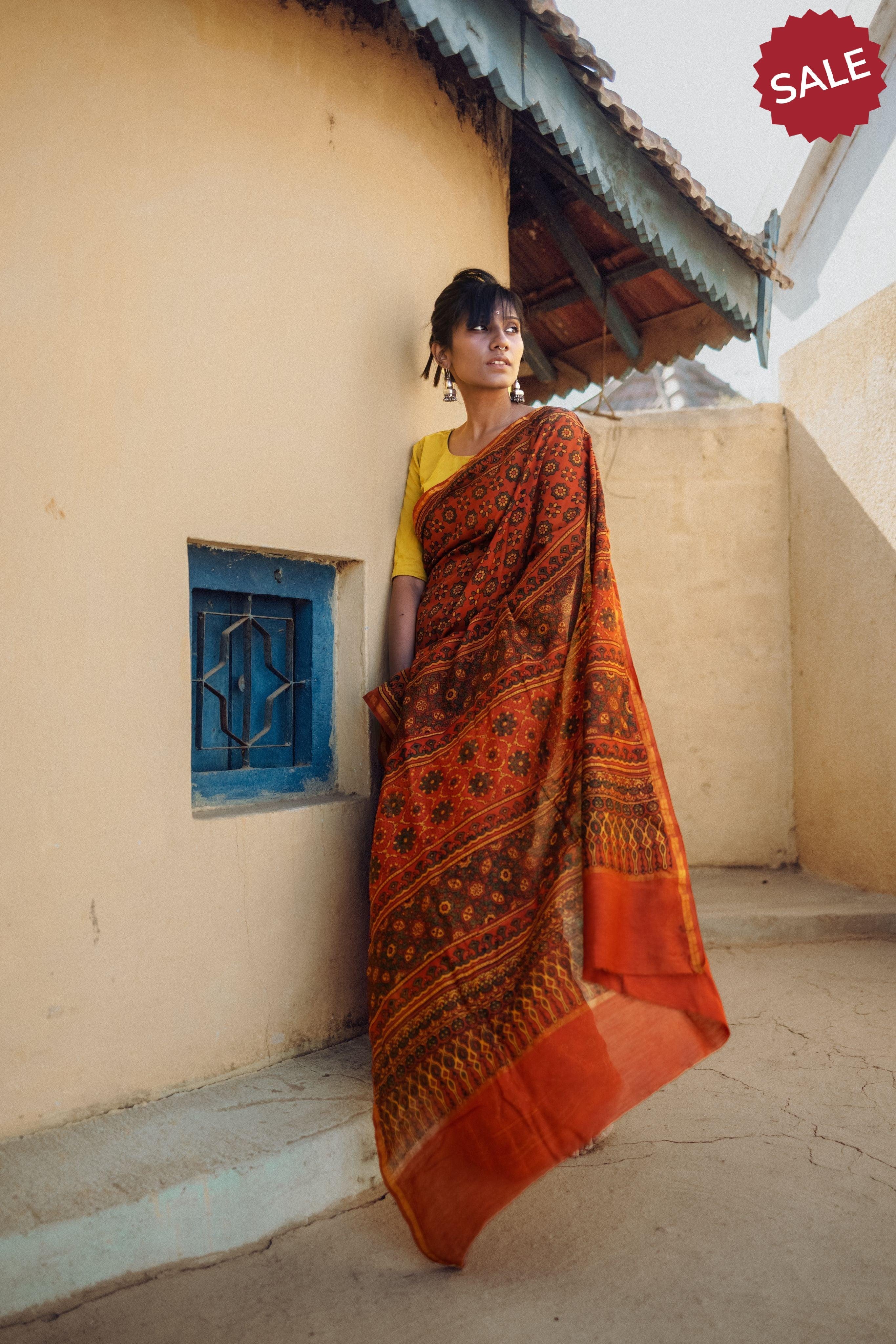 Jharokha -Orange green silk cotton Ajrakh handblockprinted saree