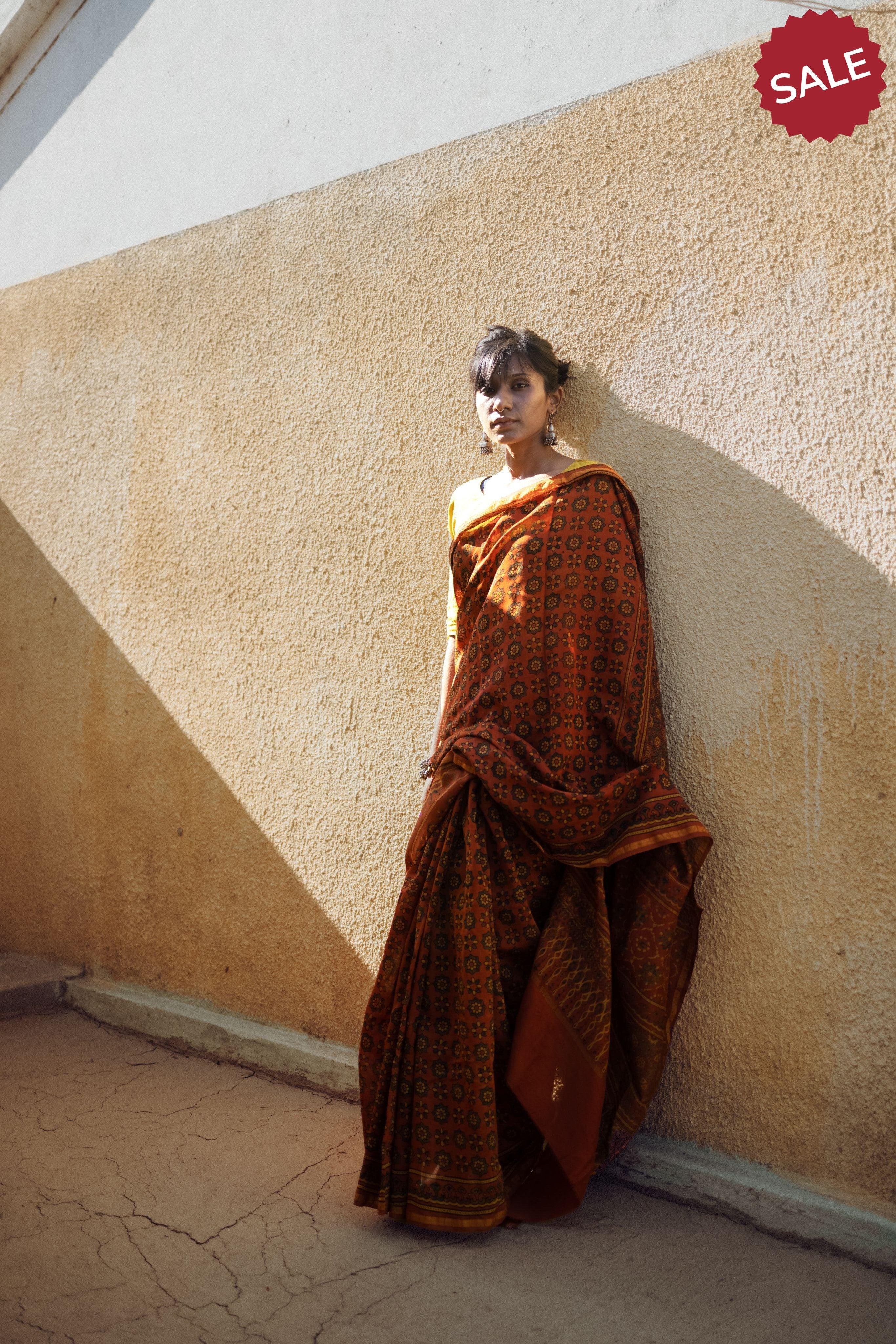 Jharokha -Orange green silk cotton Ajrakh handblockprinted saree