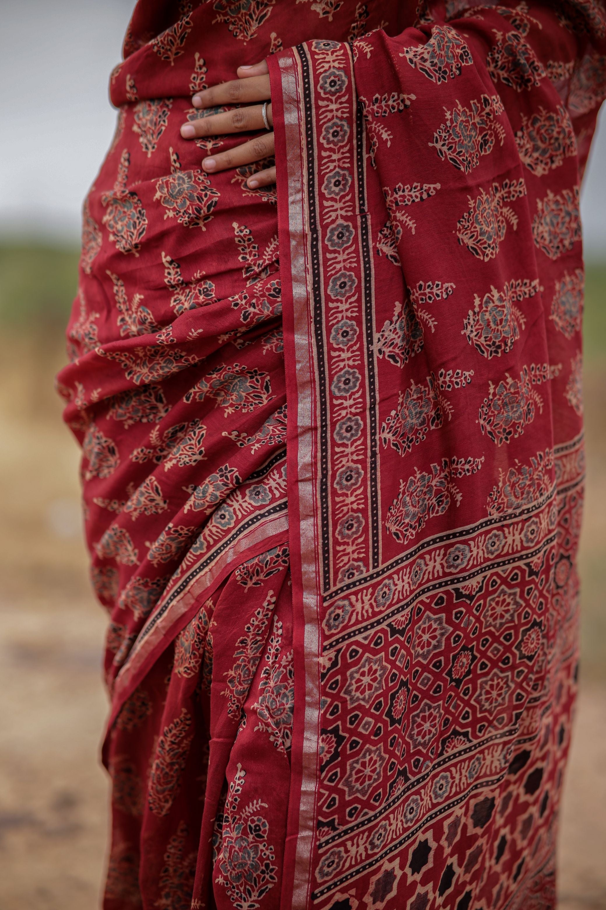 Jharokha -Red Mughal boota floral silk cotton Ajrakh handblockprinted saree