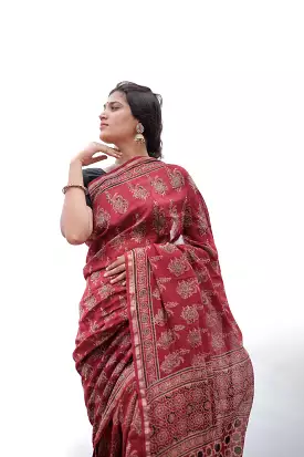 Jharokha -Red Mughal boota floral silk cotton Ajrakh handblockprinted saree