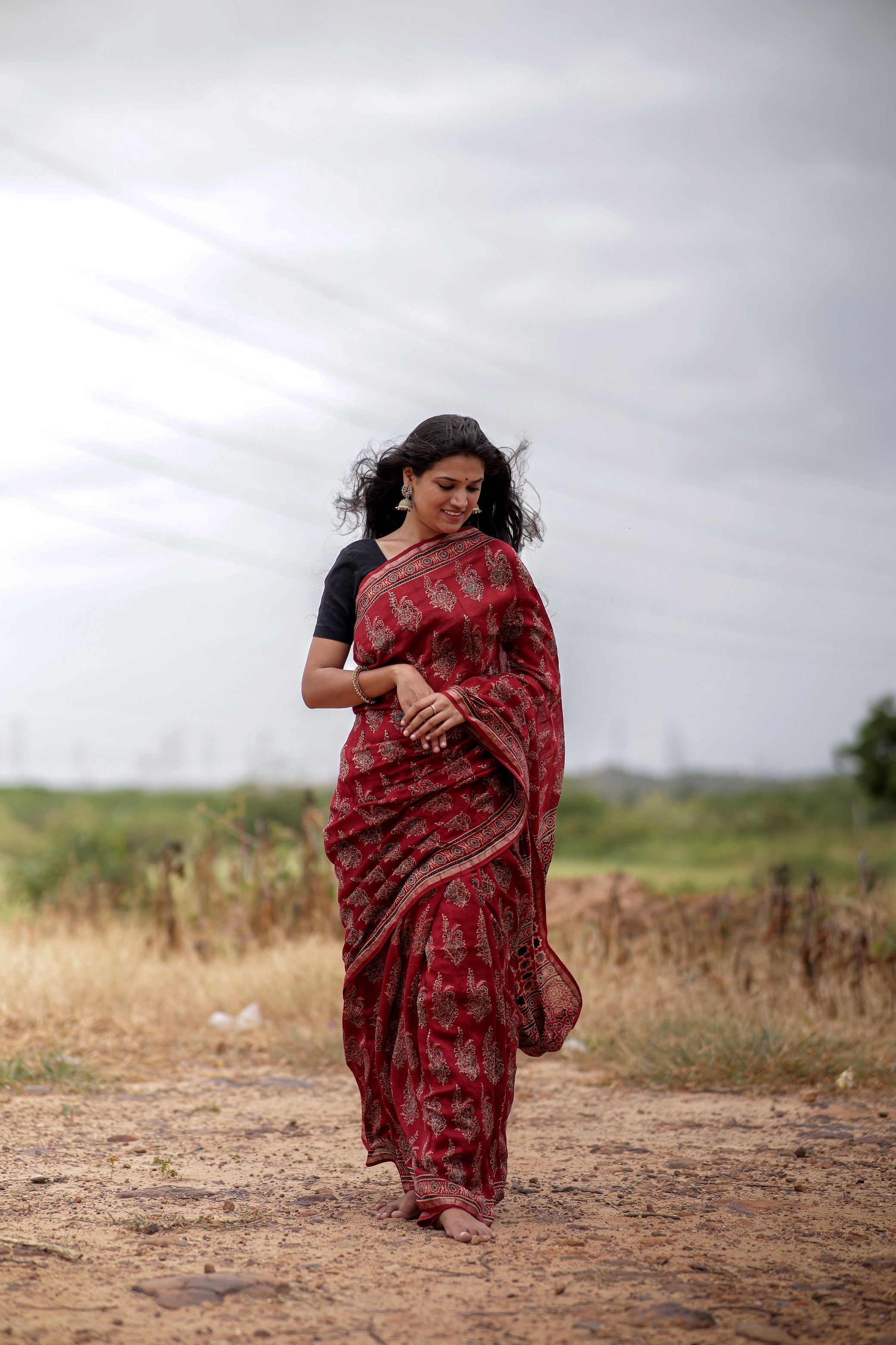 Jharokha -Red Mughal boota floral silk cotton Ajrakh handblockprinted saree