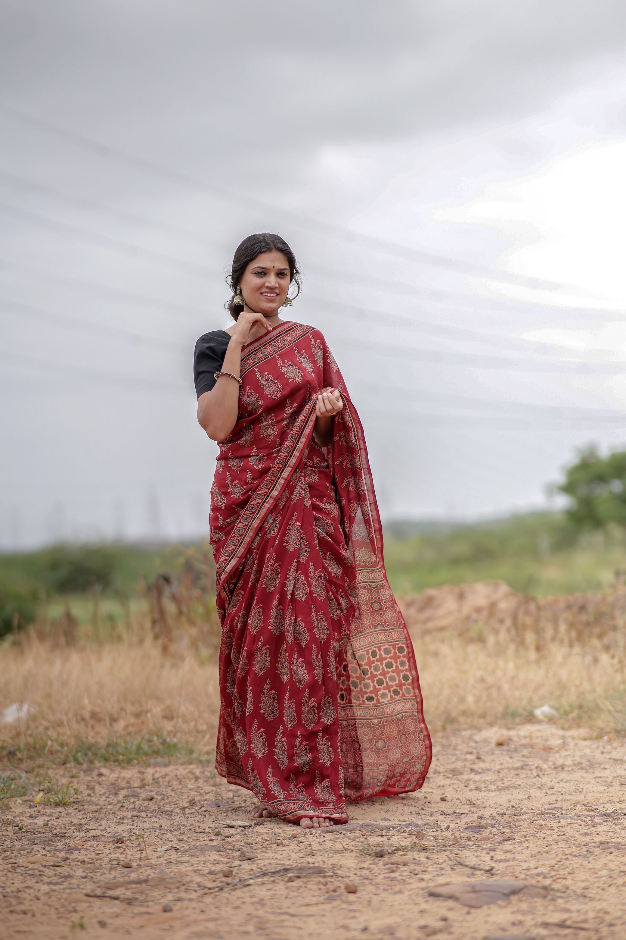 Jharokha -Red Mughal boota floral silk cotton Ajrakh handblockprinted saree