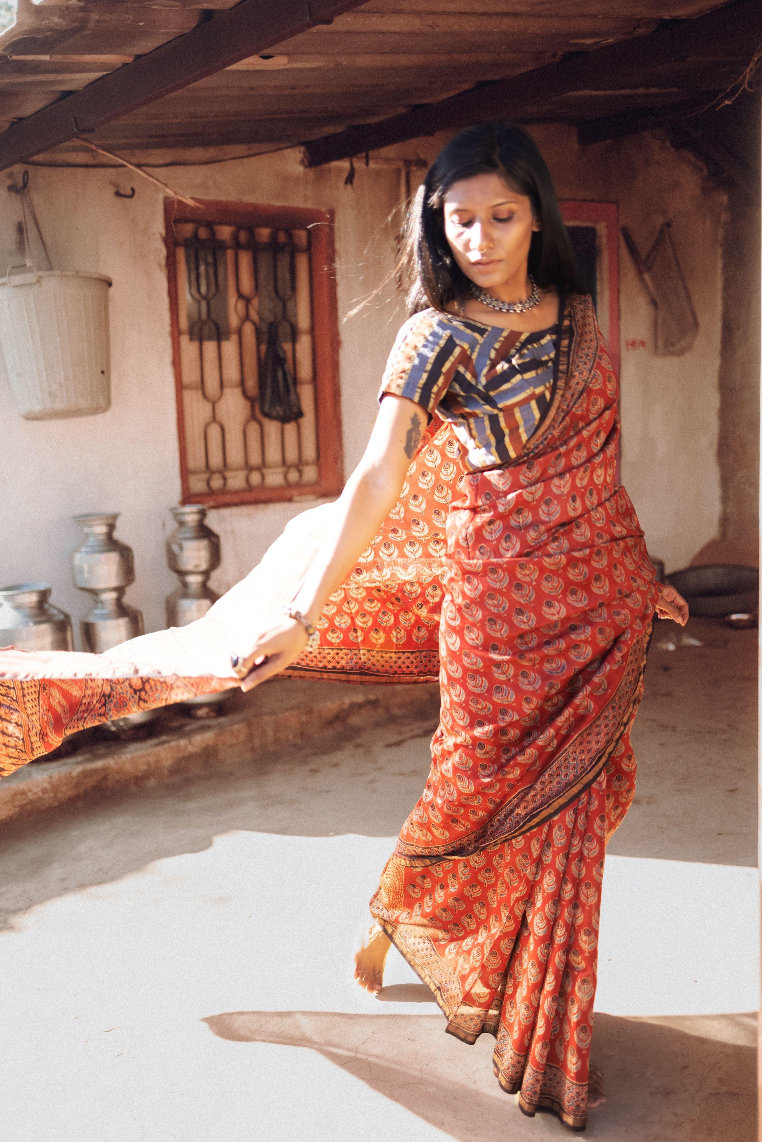 Jharokha -Red silk cotton Ajrakh handblockprinted saree