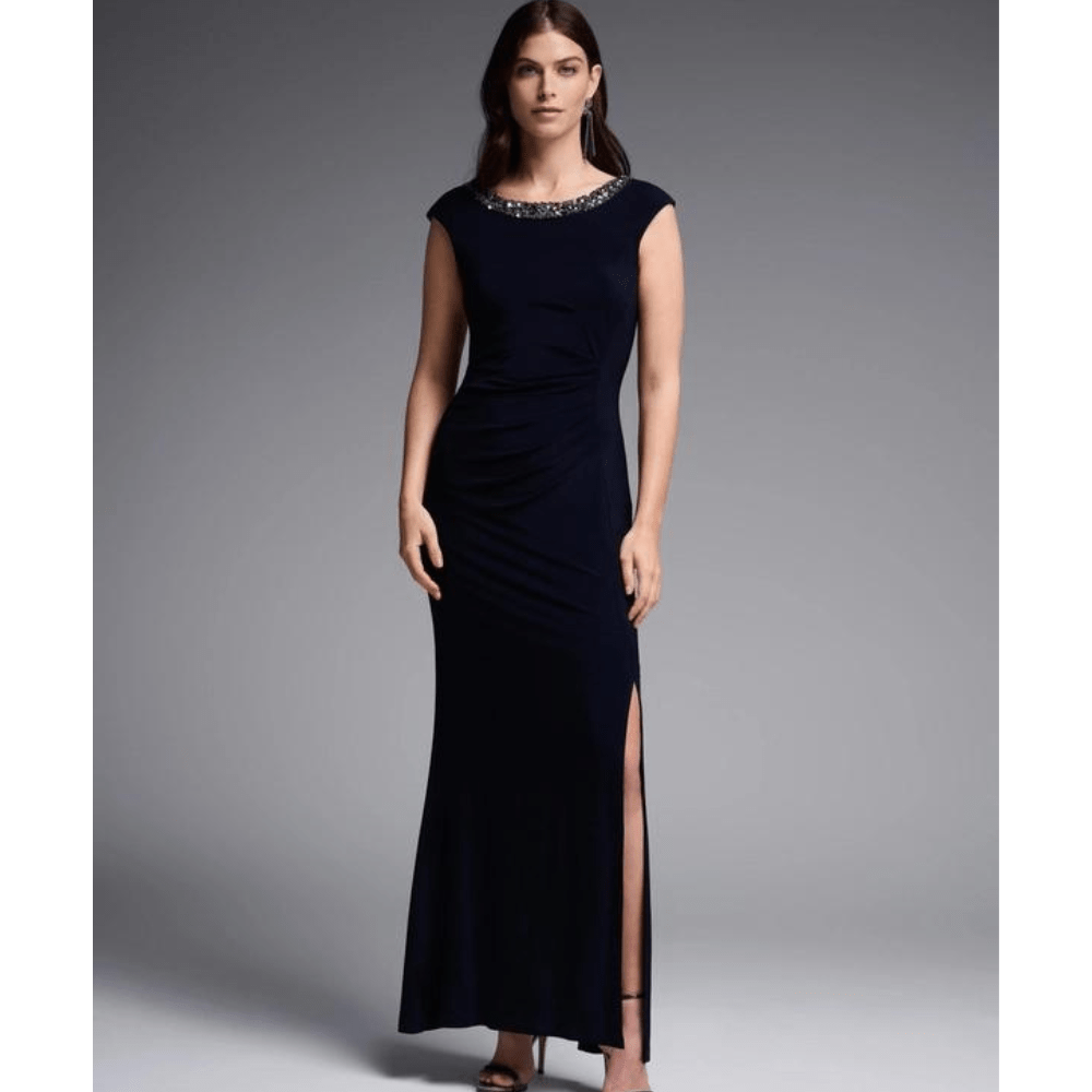 Joseph Ribkoff Midnight Blue Embellished Neckline Dress - 231709