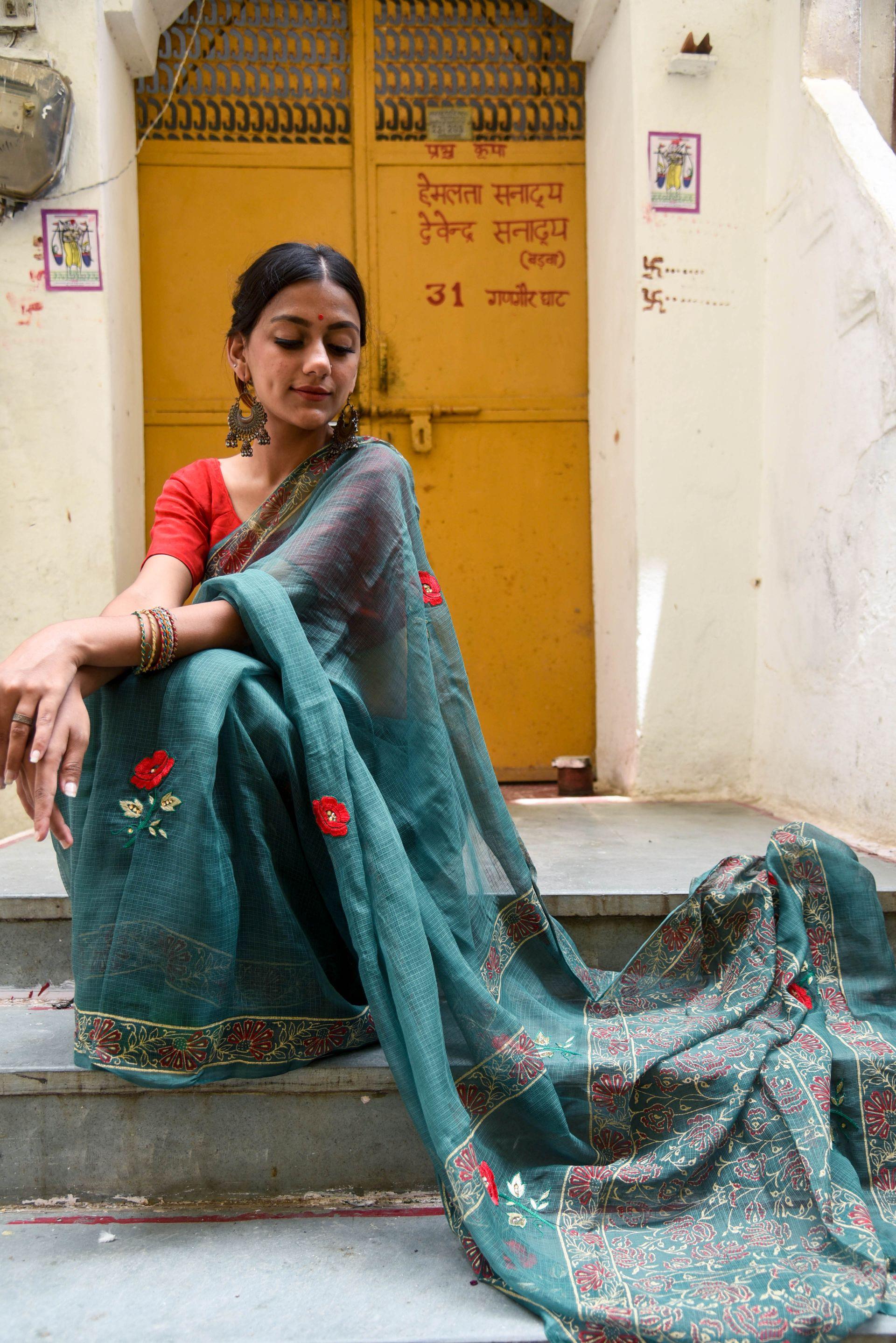 Kaisori Kota saree - Togor embroidered and handblockprinted Kota saree