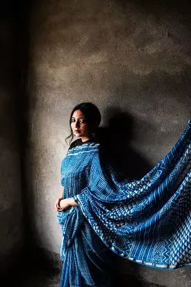 Kaisori Malhar Dabu Indigo Silk Cotton saree