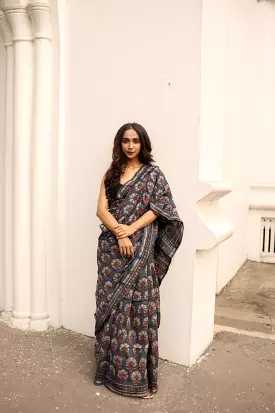 Kaisori Malhar - Dabu Pharad Indigo Kusum handblockprinted Silk Cotton saree