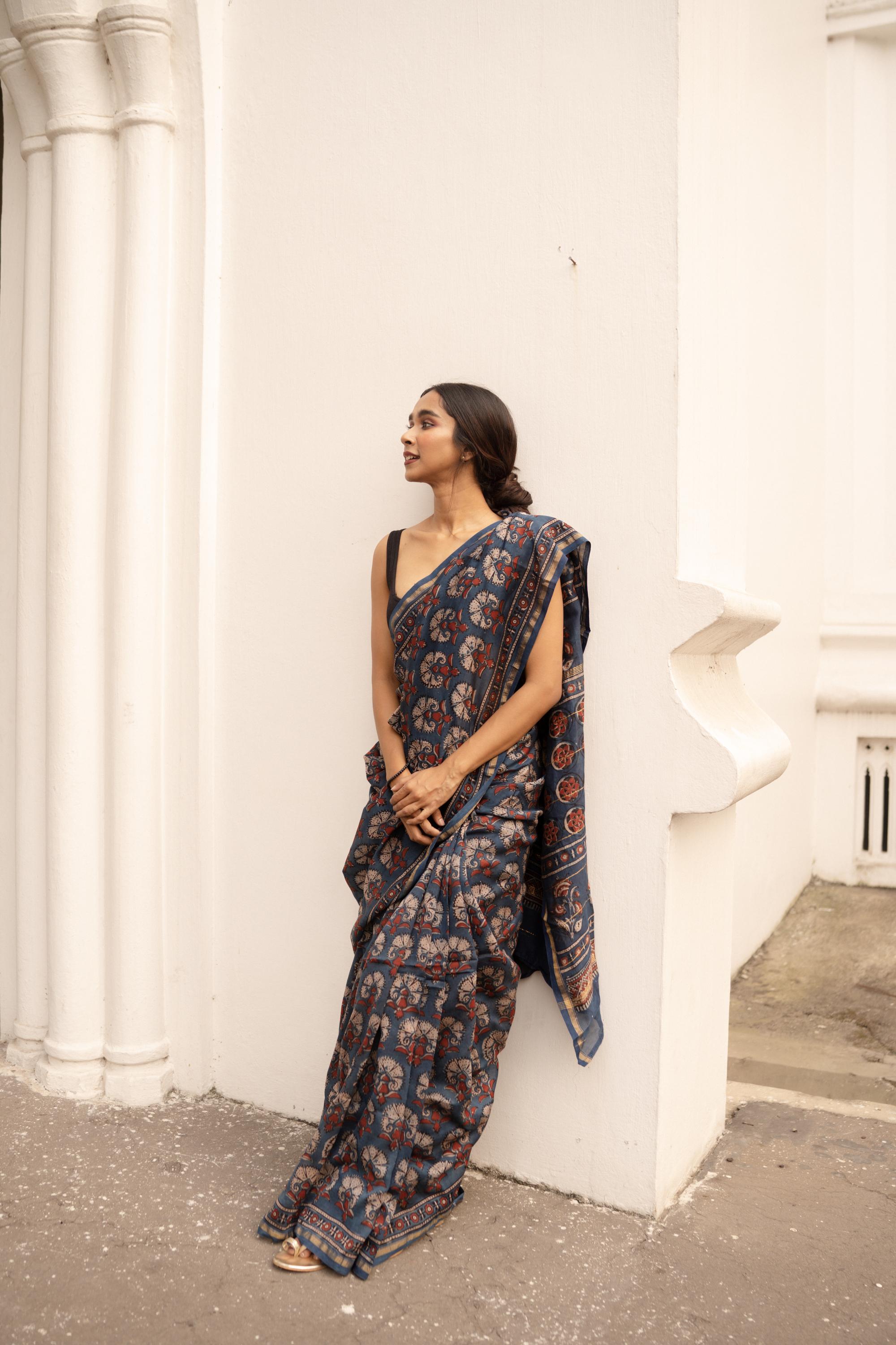 Kaisori Malhar - Dabu Pharad Indigo Kusum handblockprinted Silk Cotton saree