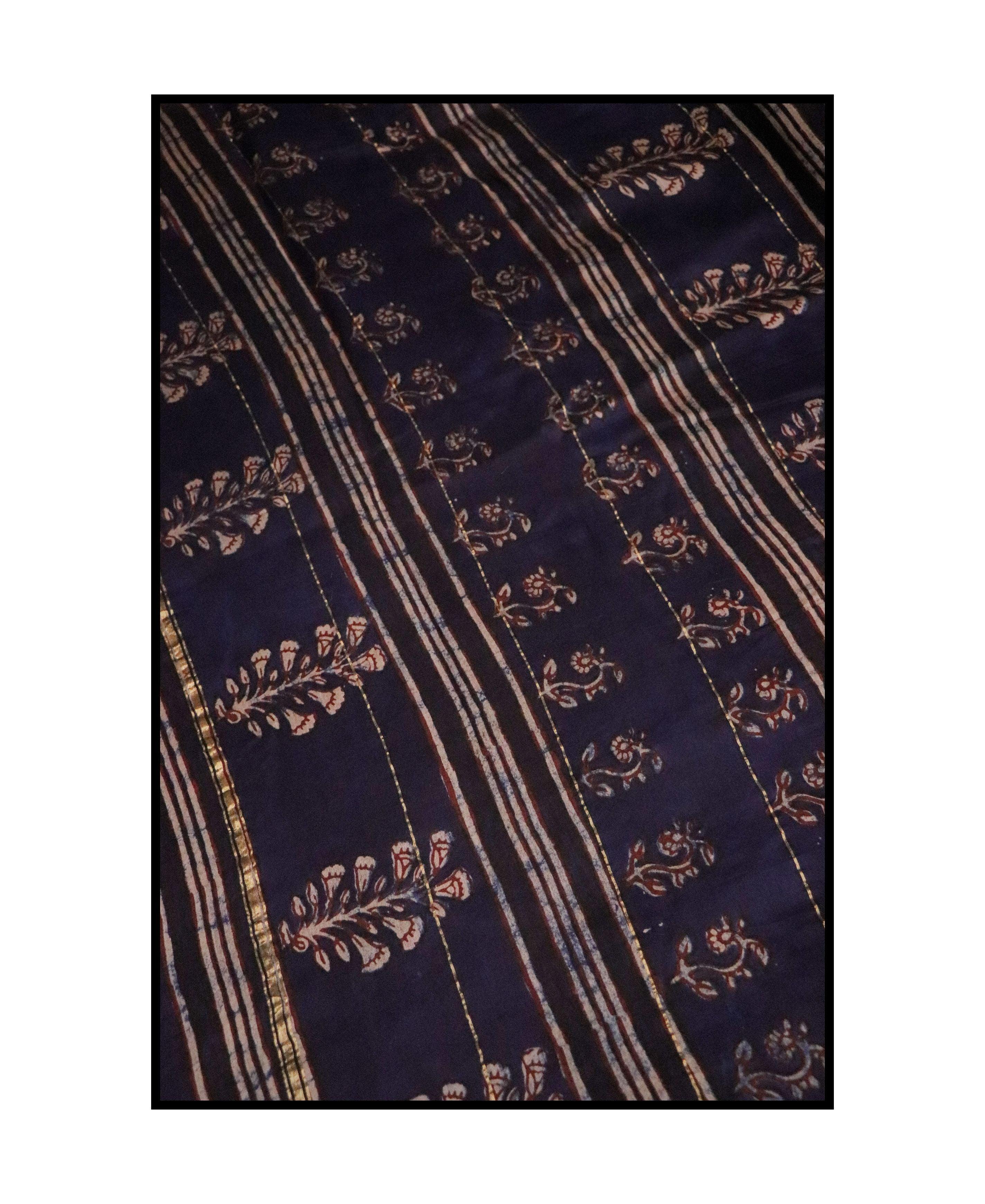 Kaisori Malhar - Dabu Pharad Leaf Indigo handblockprinted Silk Cotton saree