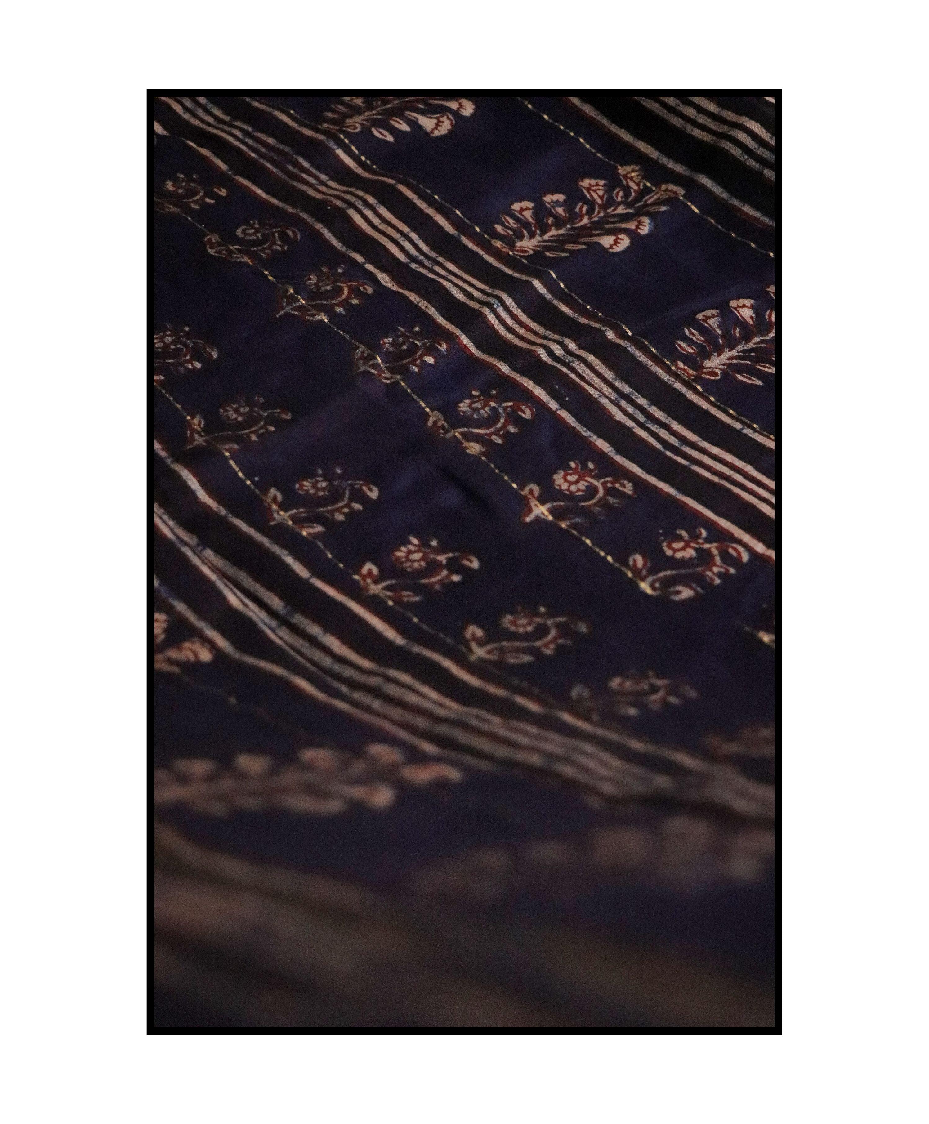 Kaisori Malhar - Dabu Pharad Leaf Indigo handblockprinted Silk Cotton saree