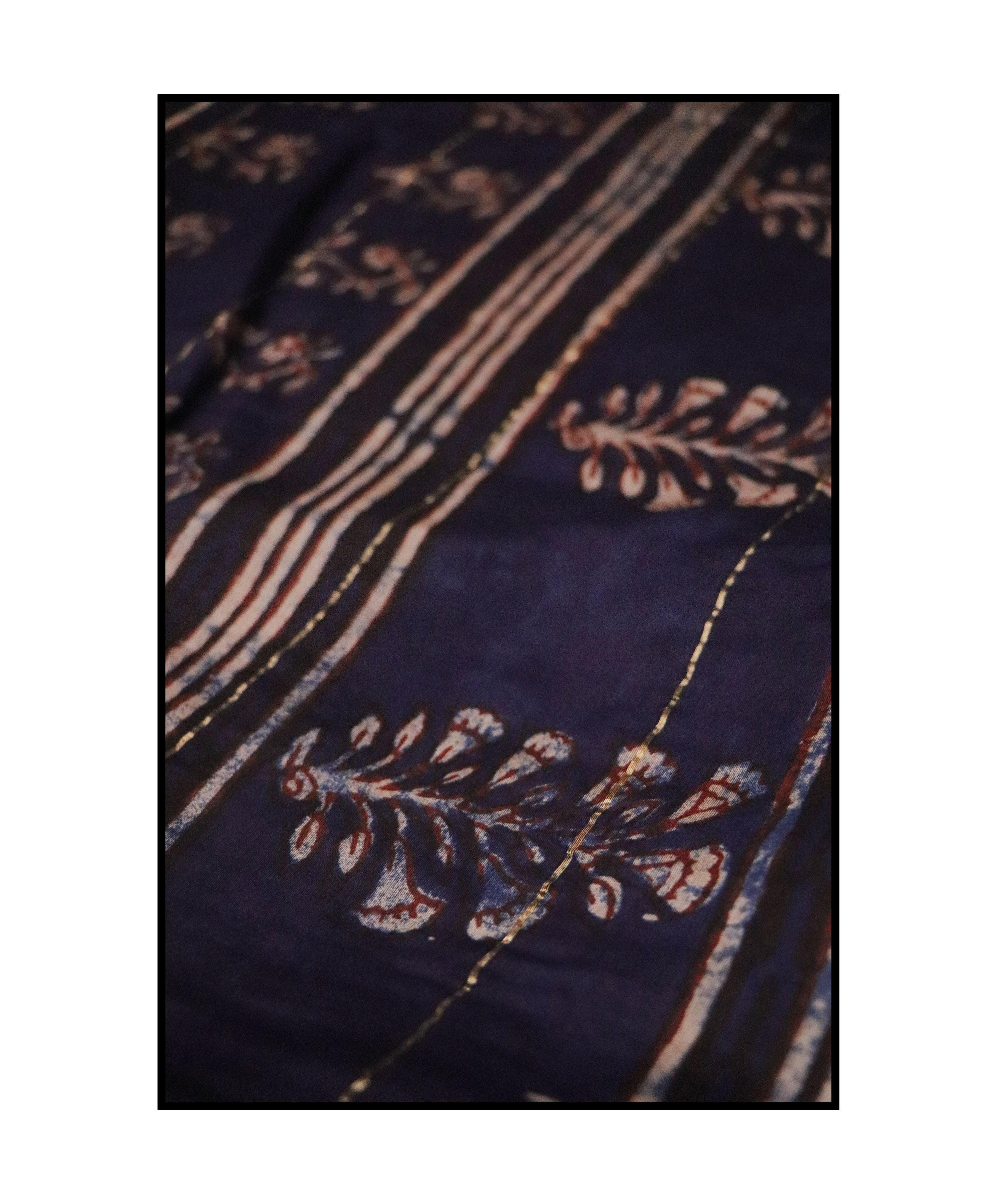 Kaisori Malhar - Dabu Pharad Leaf Indigo handblockprinted Silk Cotton saree