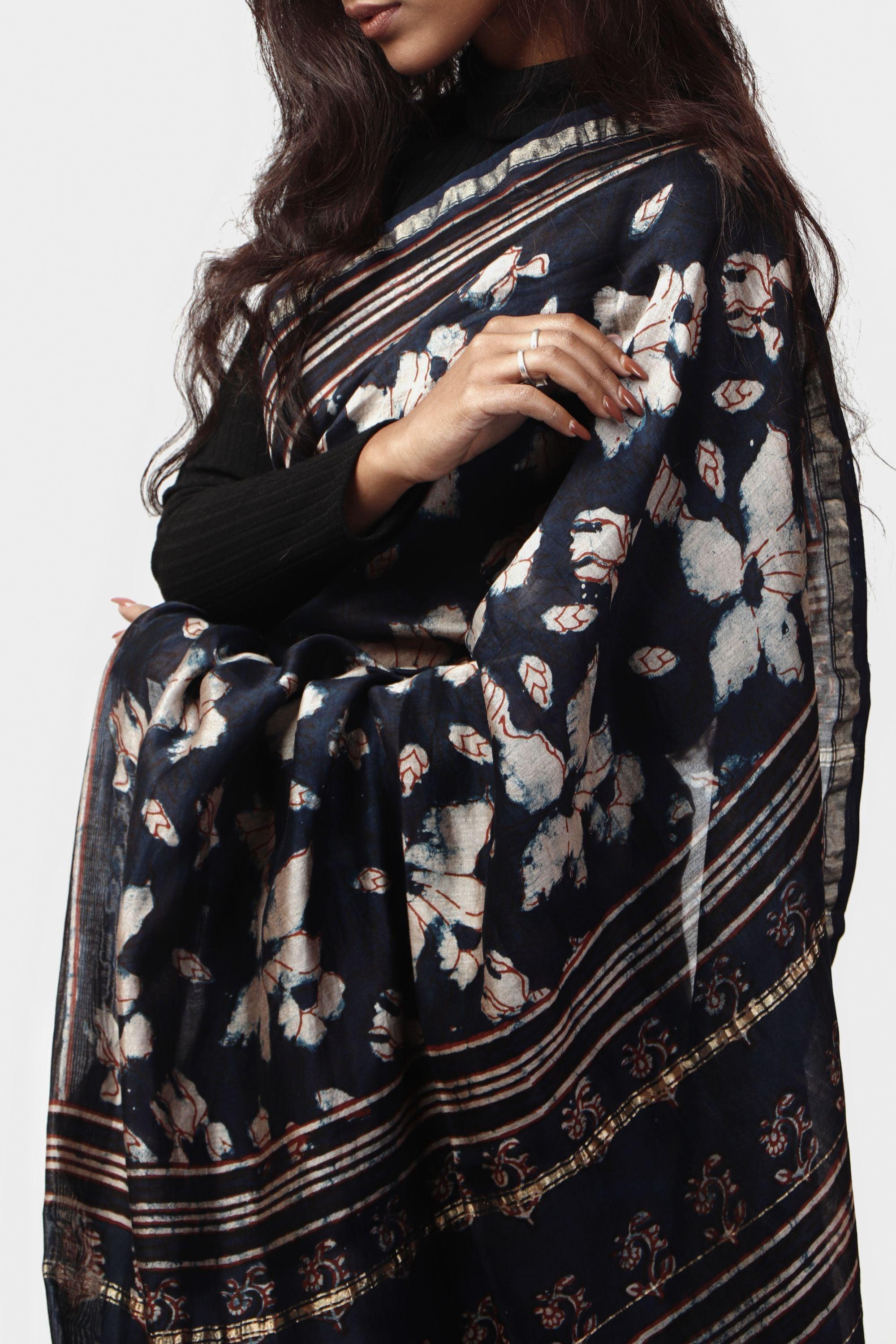 Kaisori Malhar - Dabu Pharad Leaf Indigo handblockprinted Silk Cotton saree