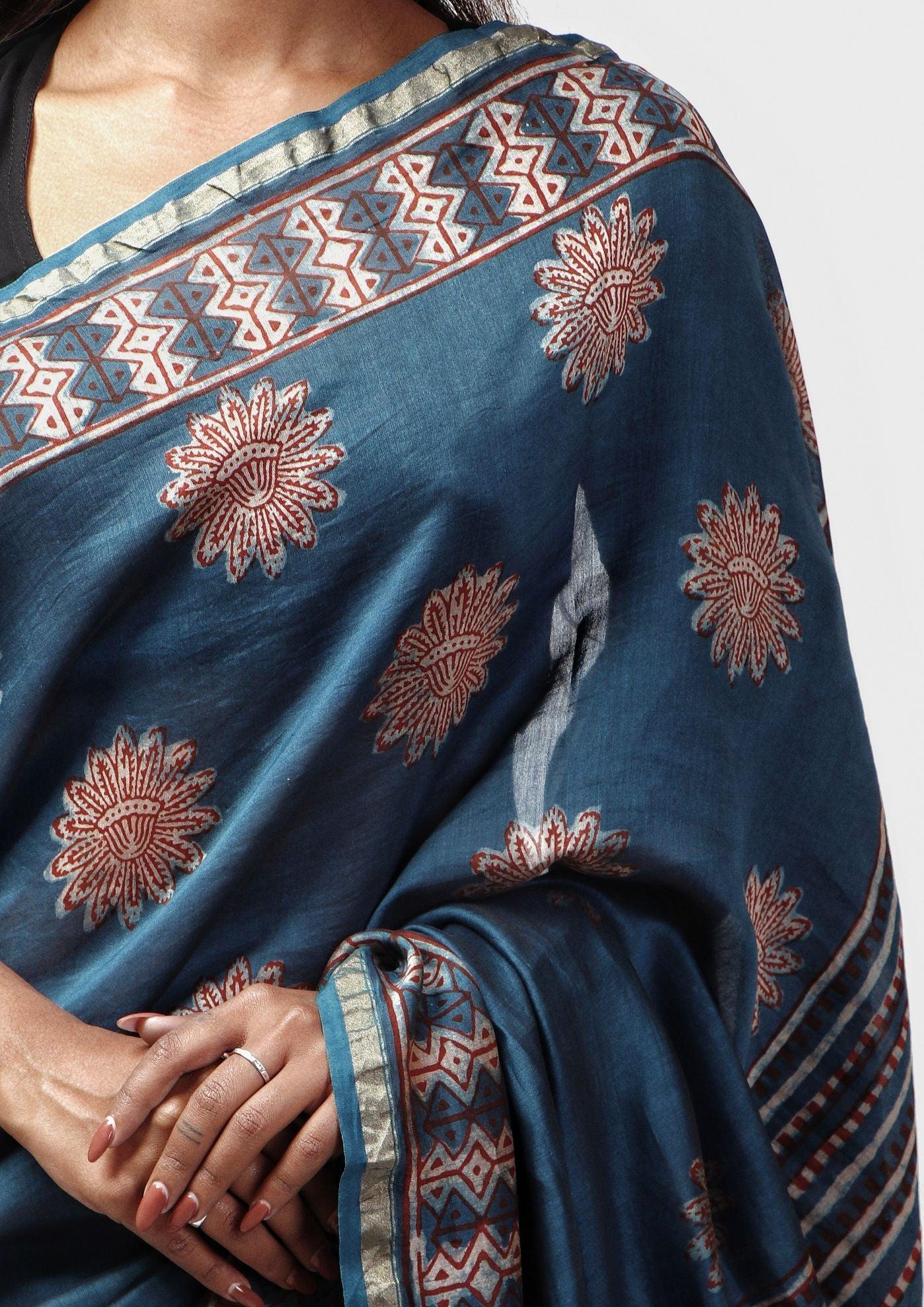 Kaisori Malhar - Dabu Pharad Light Indigo handblockprinted Silk Cotton saree