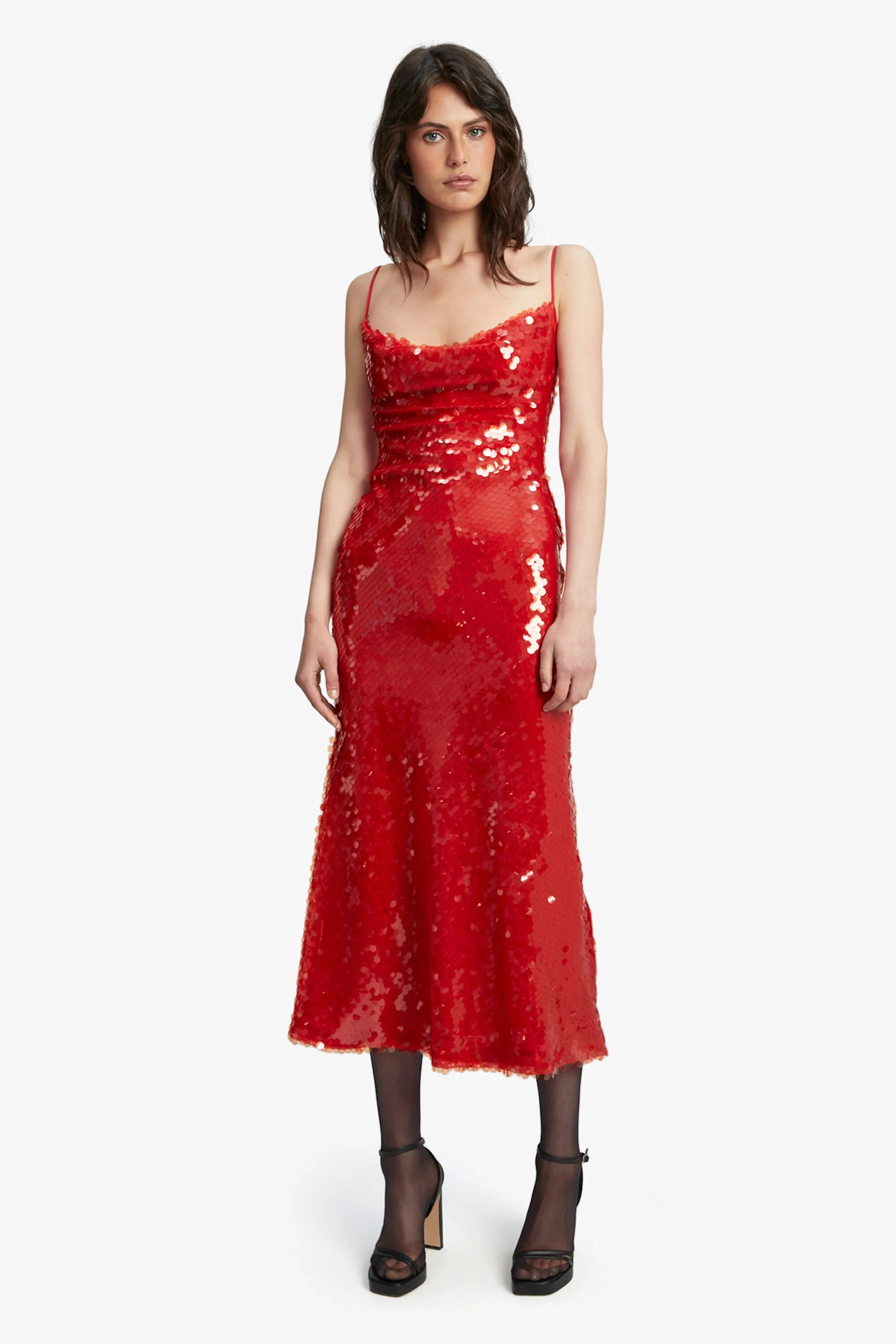 karina sequin maxi dress in fire red