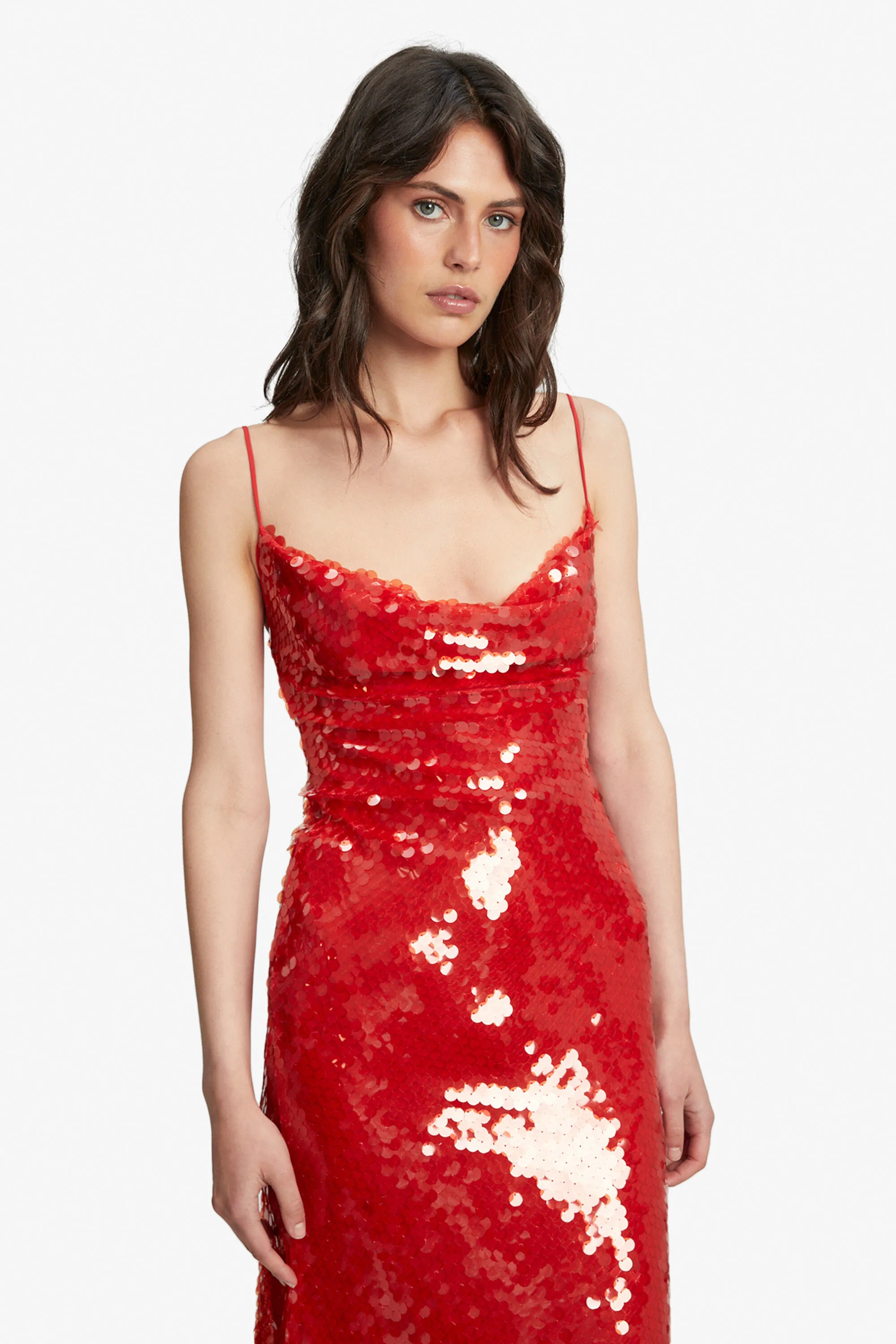 karina sequin maxi dress in fire red