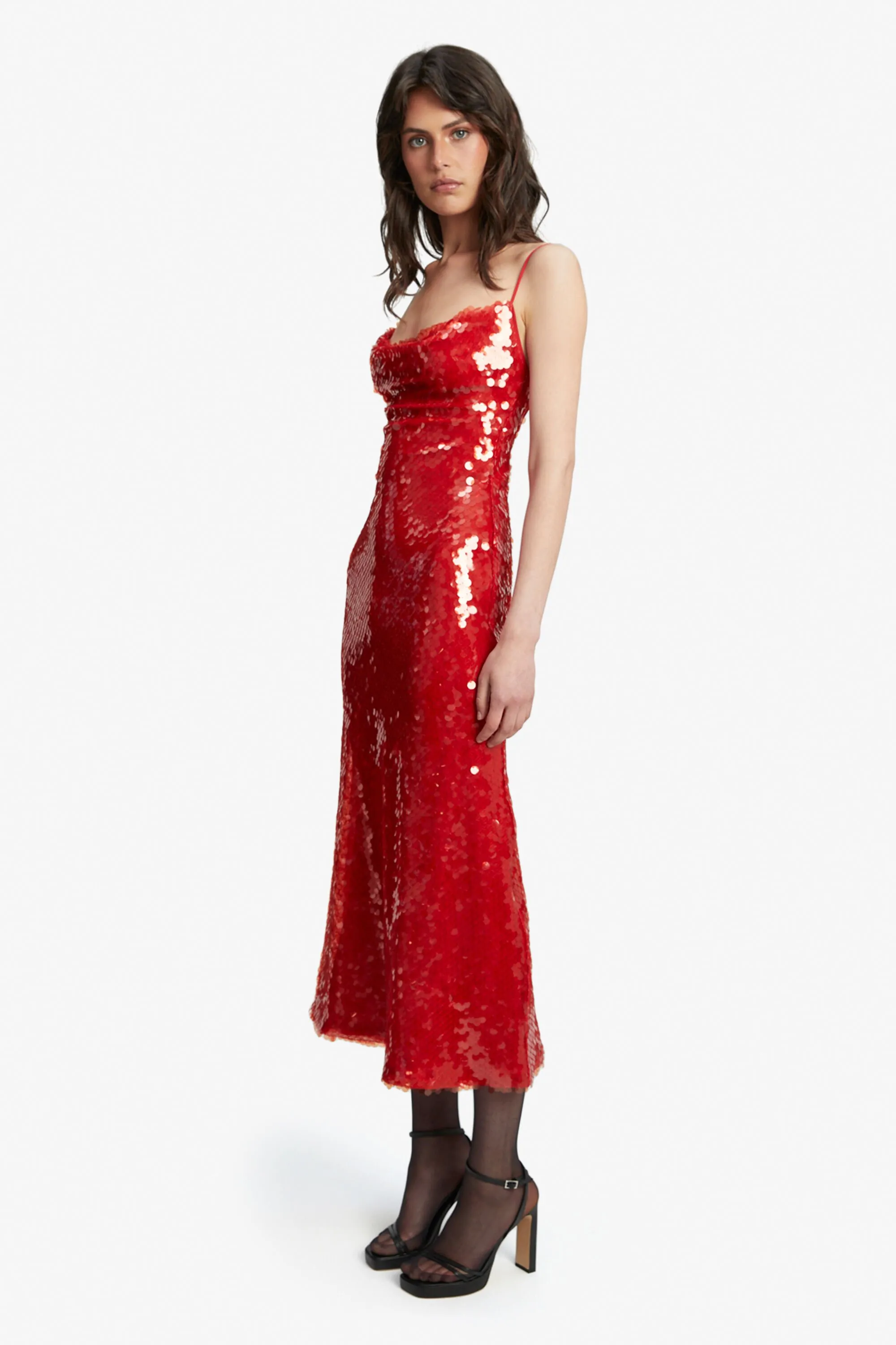 karina sequin maxi dress in fire red