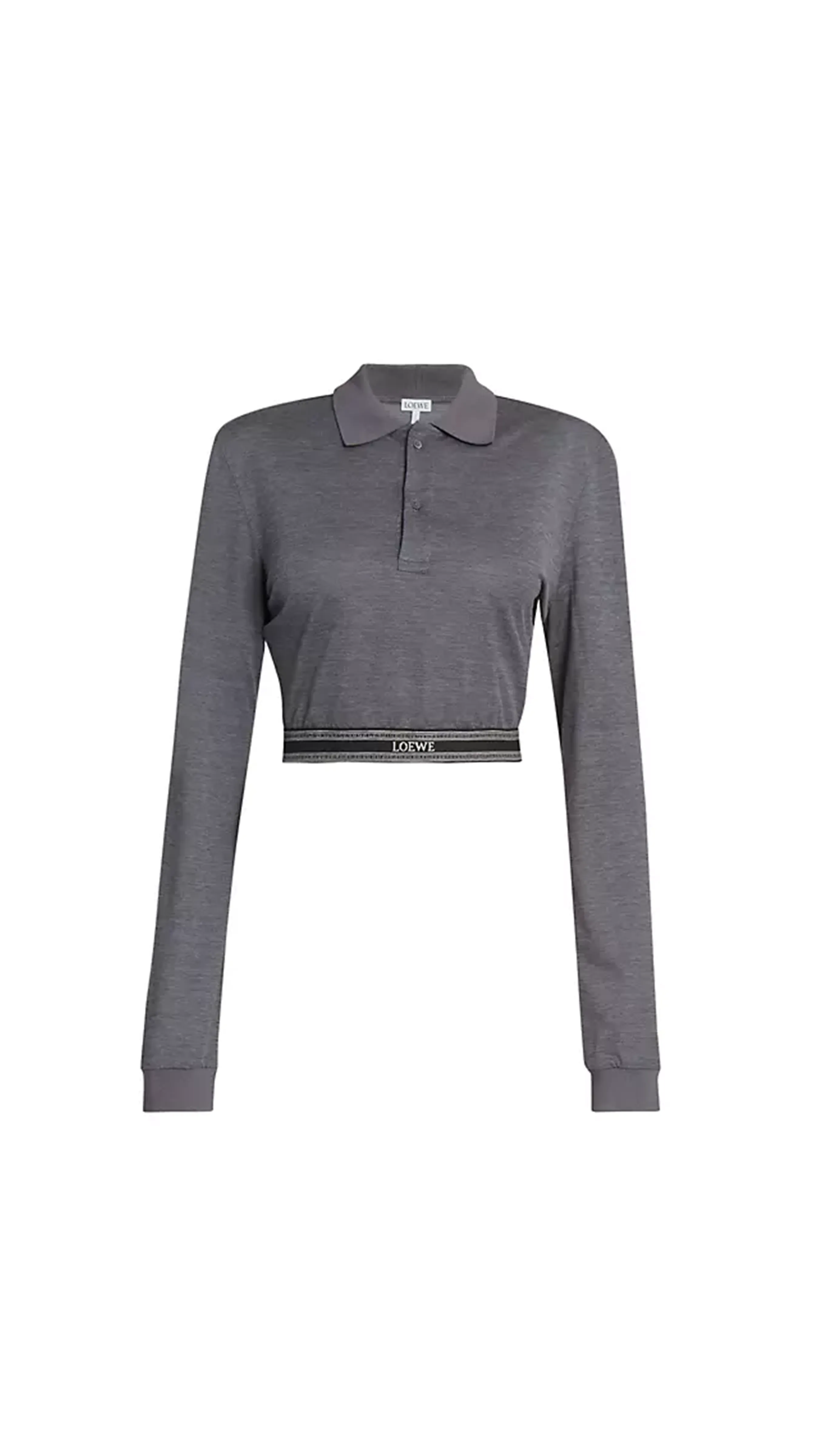 Long Sleeve Cropped Polo in Silk and Cotton - Charcoal Melange