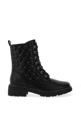 Lunar Elegance Studded Quilted Military Boots, Black