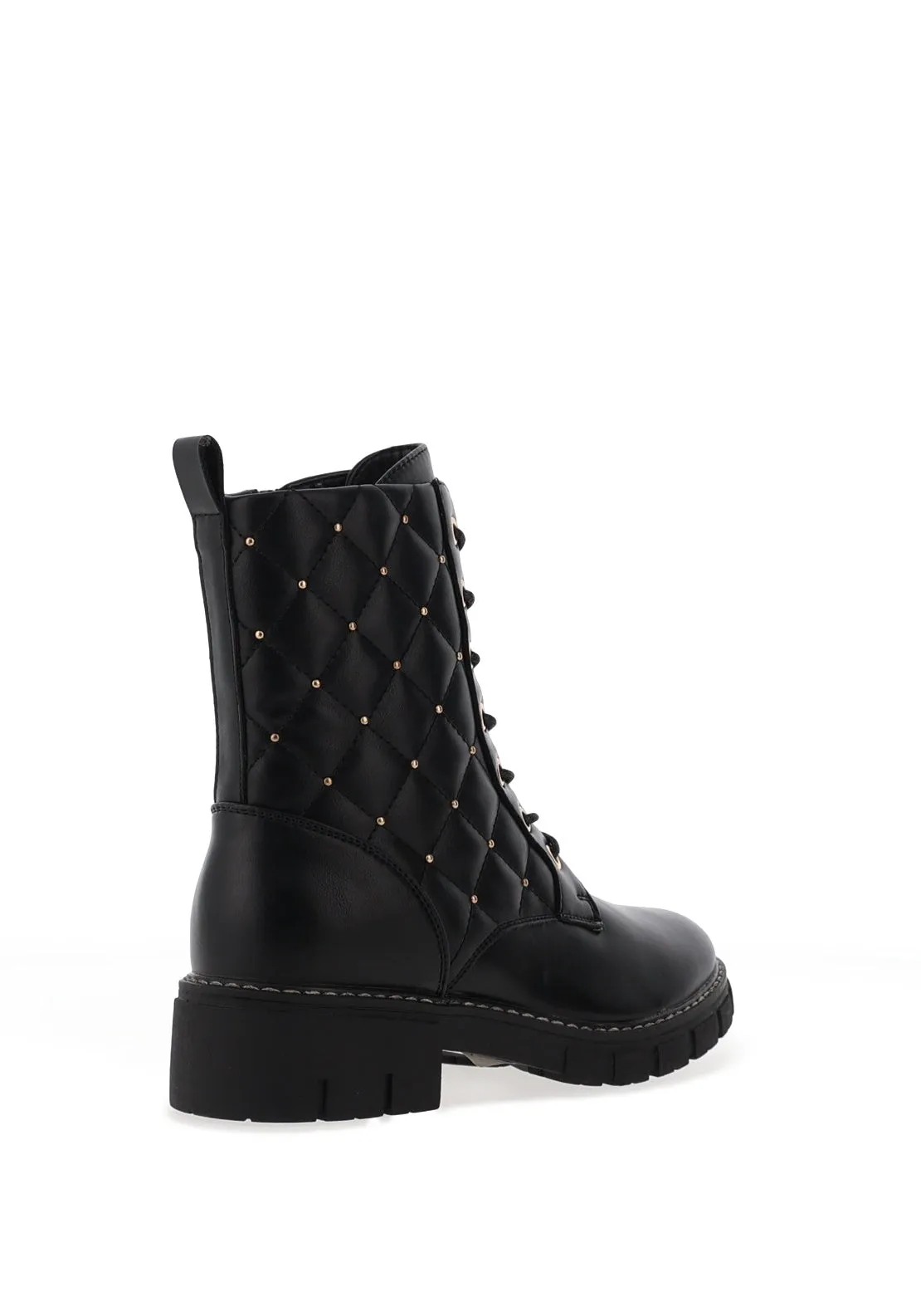 Lunar Elegance Studded Quilted Military Boots, Black