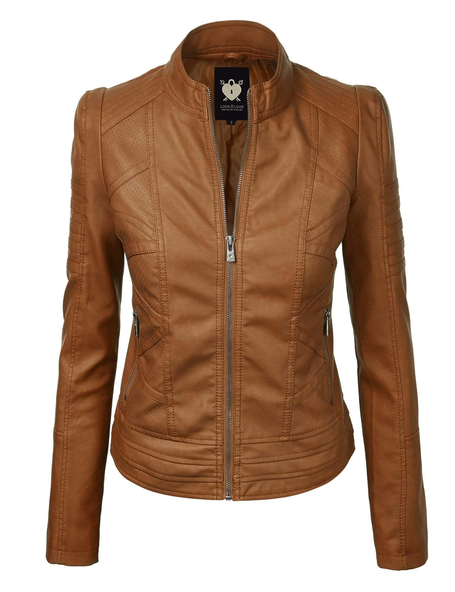 Made By Johnny MBJ Womens Faux Leather Zip Up Moto Biker Jacket with Stitching Detail