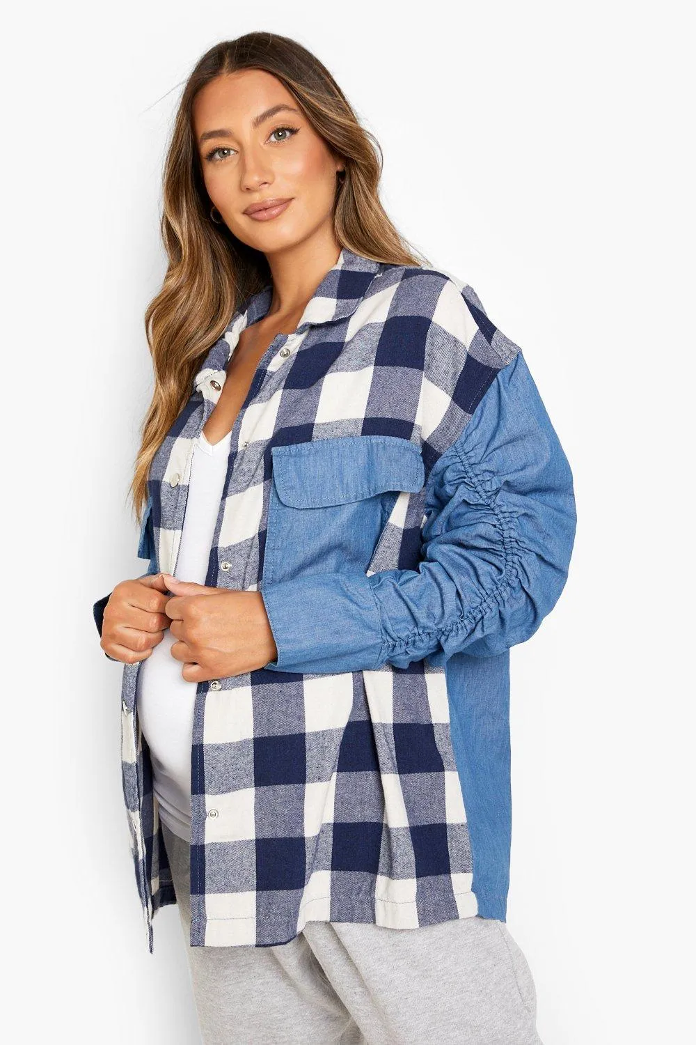 Maternity Flannel Ruched Sleeve Denim Shirt Jacket