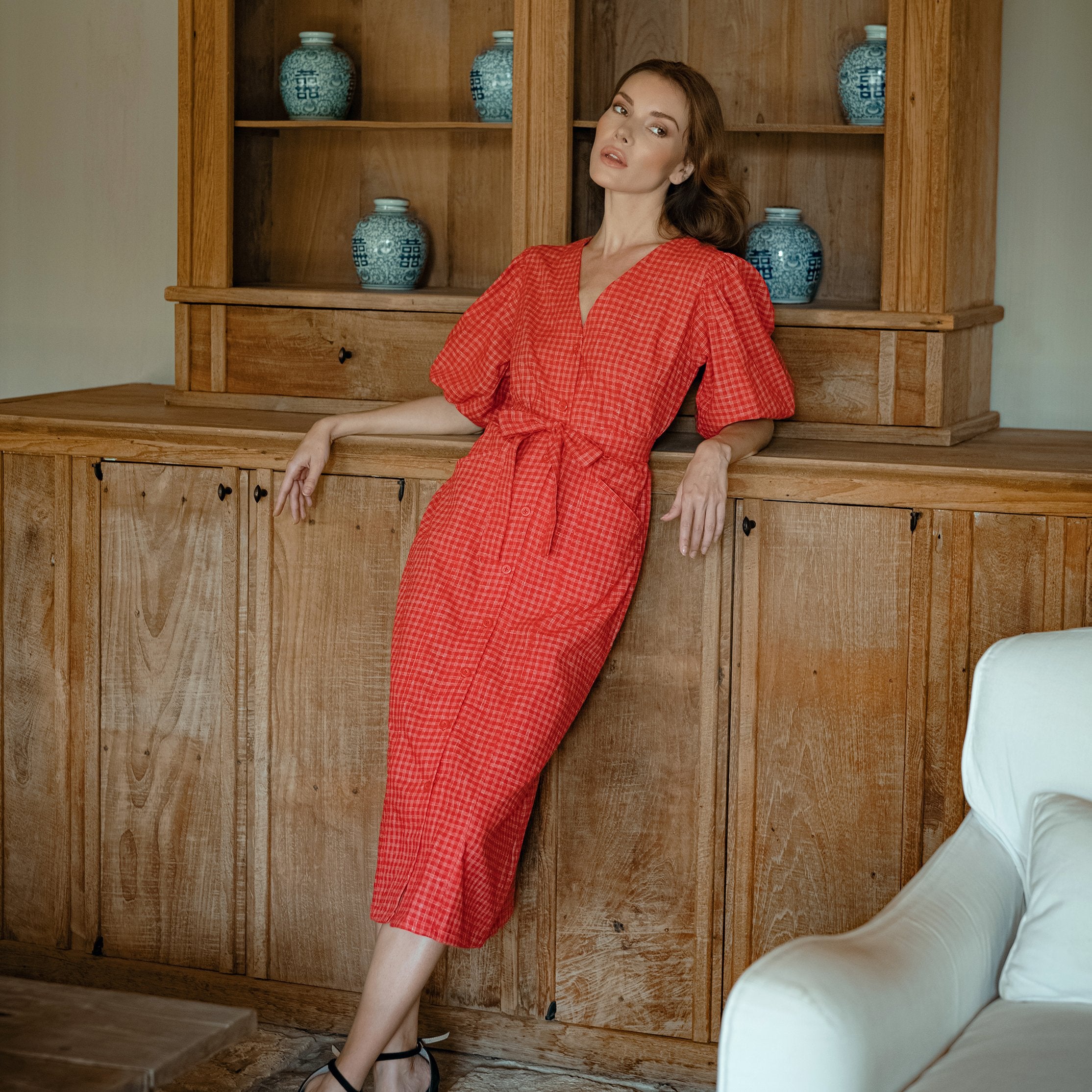 Meghan Gingham Hemp Midi Dress, in Scarlet Red