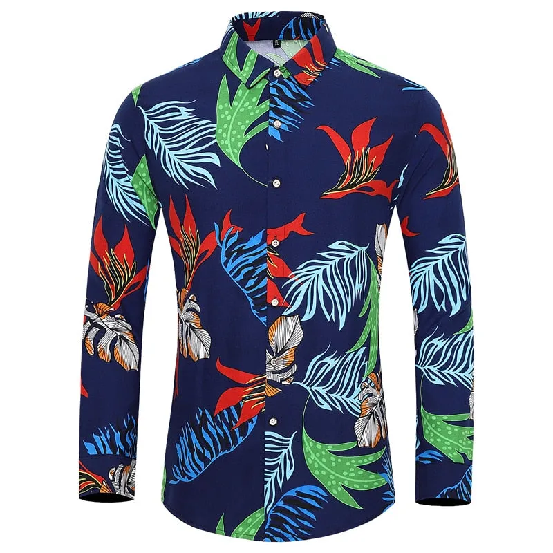 Men's Casual Cotton Rose Plant Flower Printed Hawaiian Long Sleeve Shirt