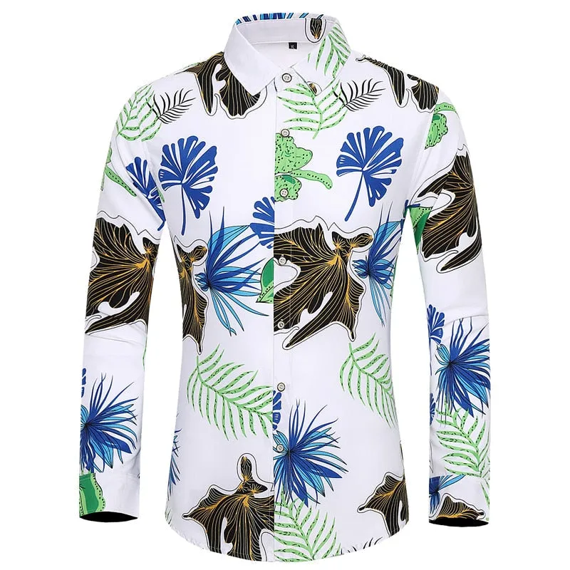 Men's Casual Cotton Rose Plant Flower Printed Hawaiian Long Sleeve Shirt