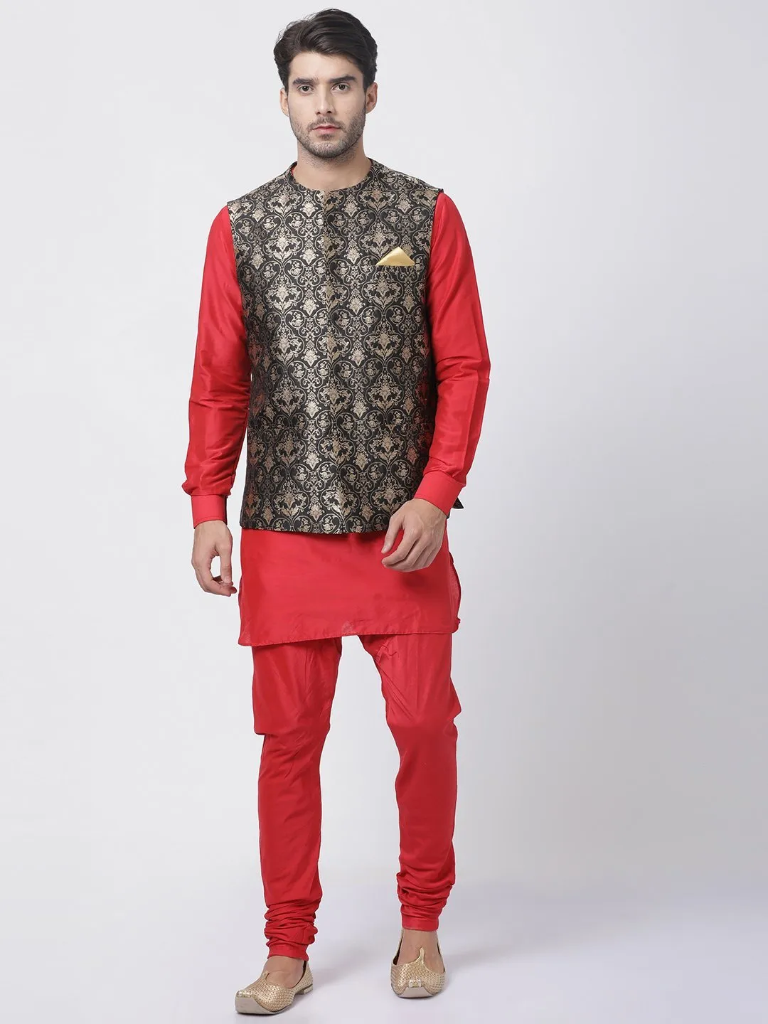 Men's Red Cotton Silk Blend Kurta, Ethnic Jacket and Pyjama Set