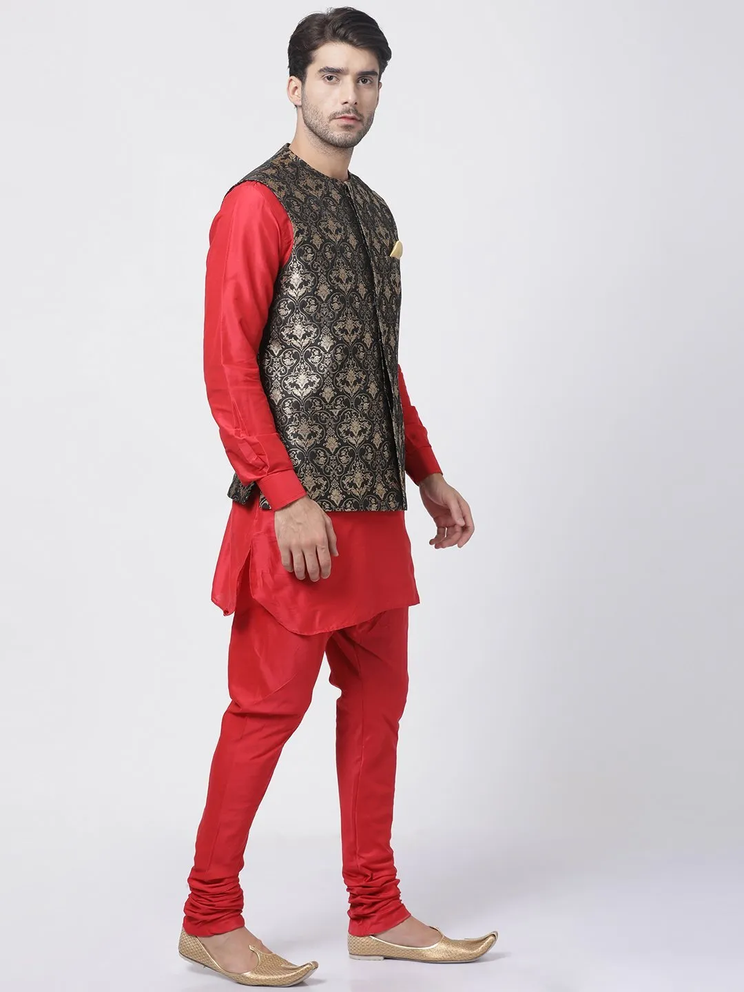 Men's Red Cotton Silk Blend Kurta, Ethnic Jacket and Pyjama Set