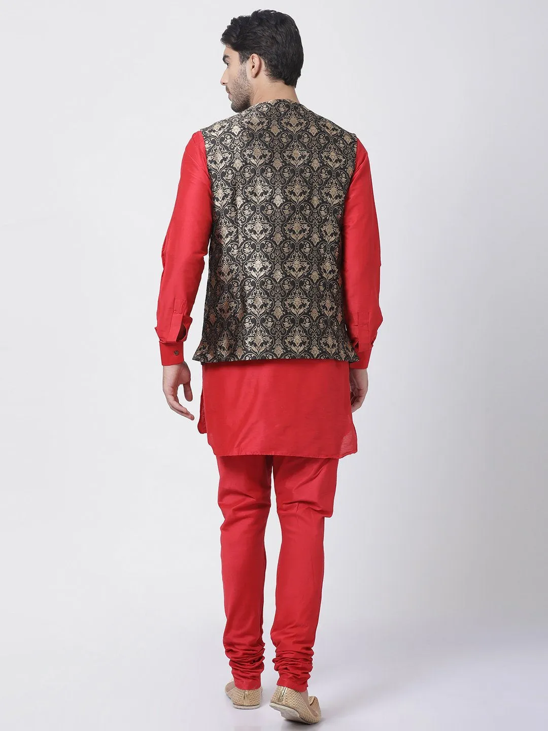 Men's Red Cotton Silk Blend Kurta, Ethnic Jacket and Pyjama Set