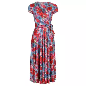 Multi Red Blue Floral Print Cap Sleeve Crossover Top Swing Dress