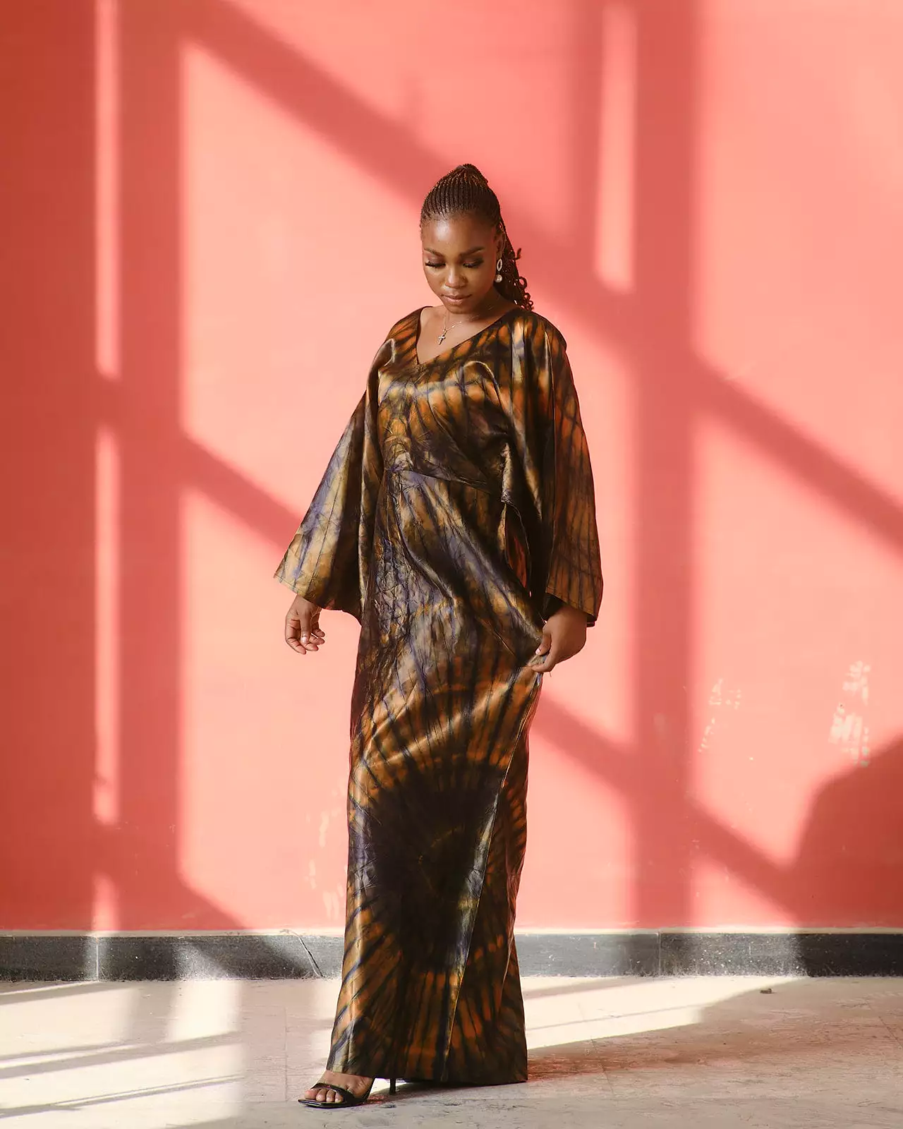 Natasha Golden Brown and Black Silk Maxi Dress