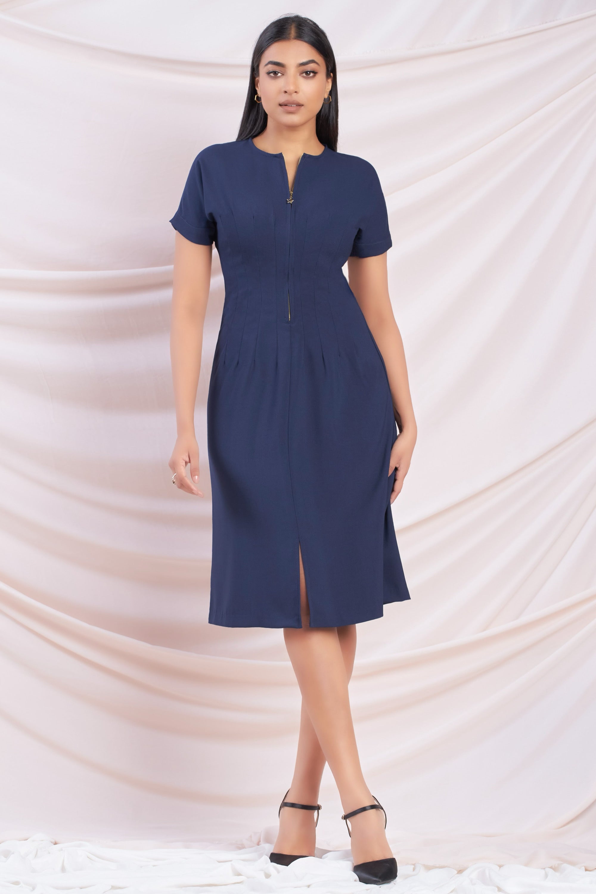 Navy Zip Up Pleat Detail Dress