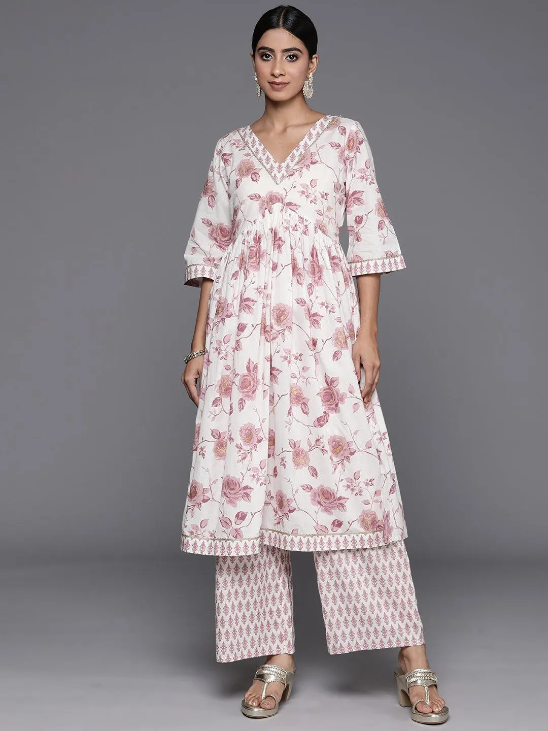 Off White Printed Cotton Anarkali Kurta Set