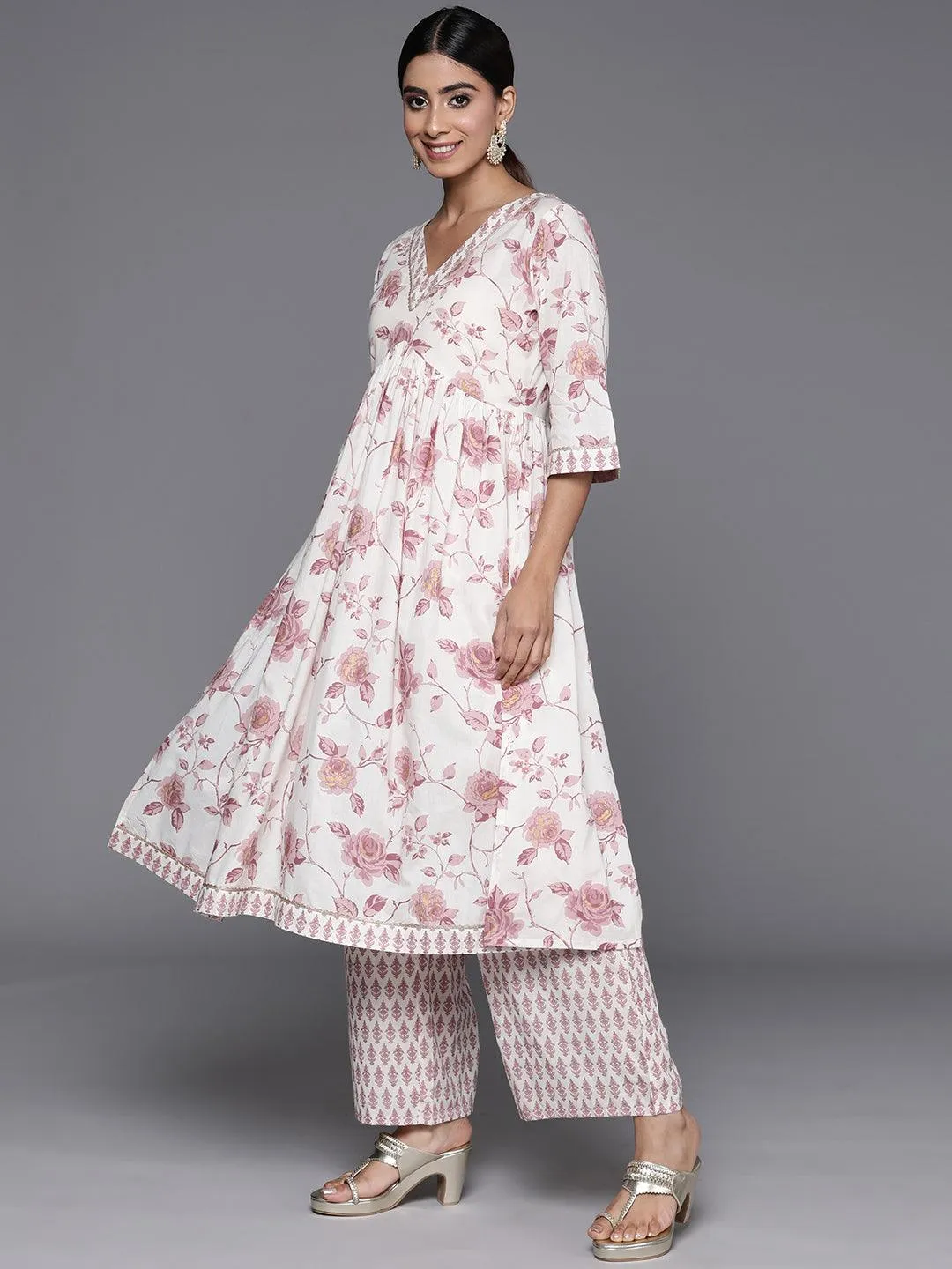 Off White Printed Cotton Anarkali Kurta Set