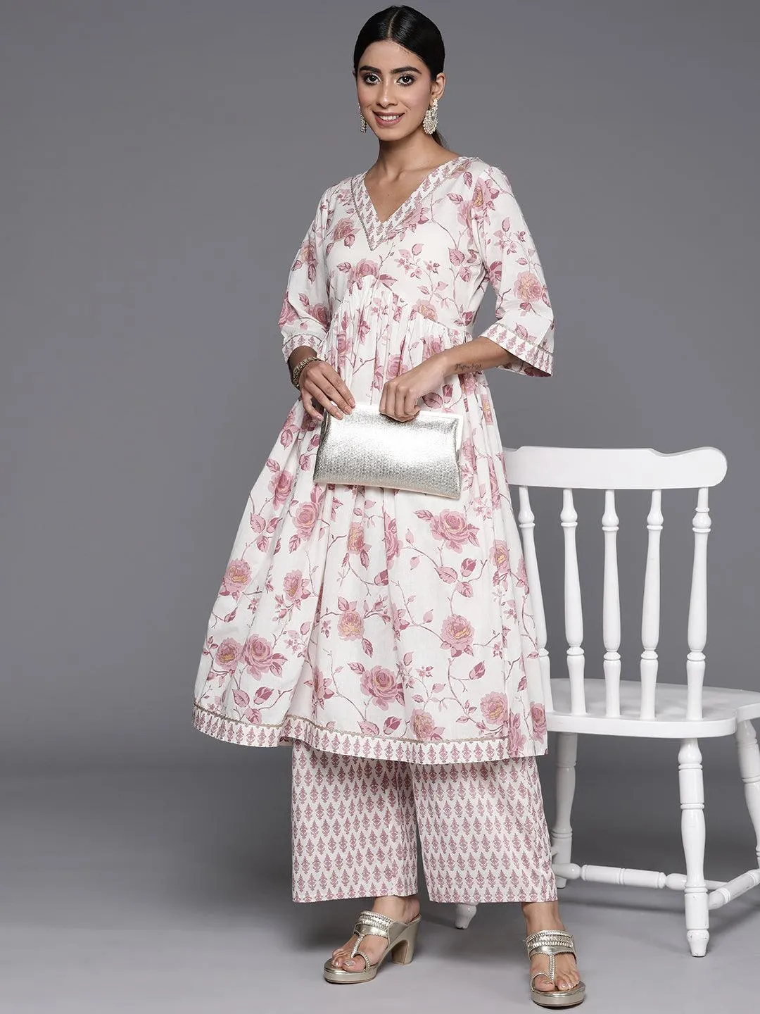 Off White Printed Cotton Anarkali Kurta Set