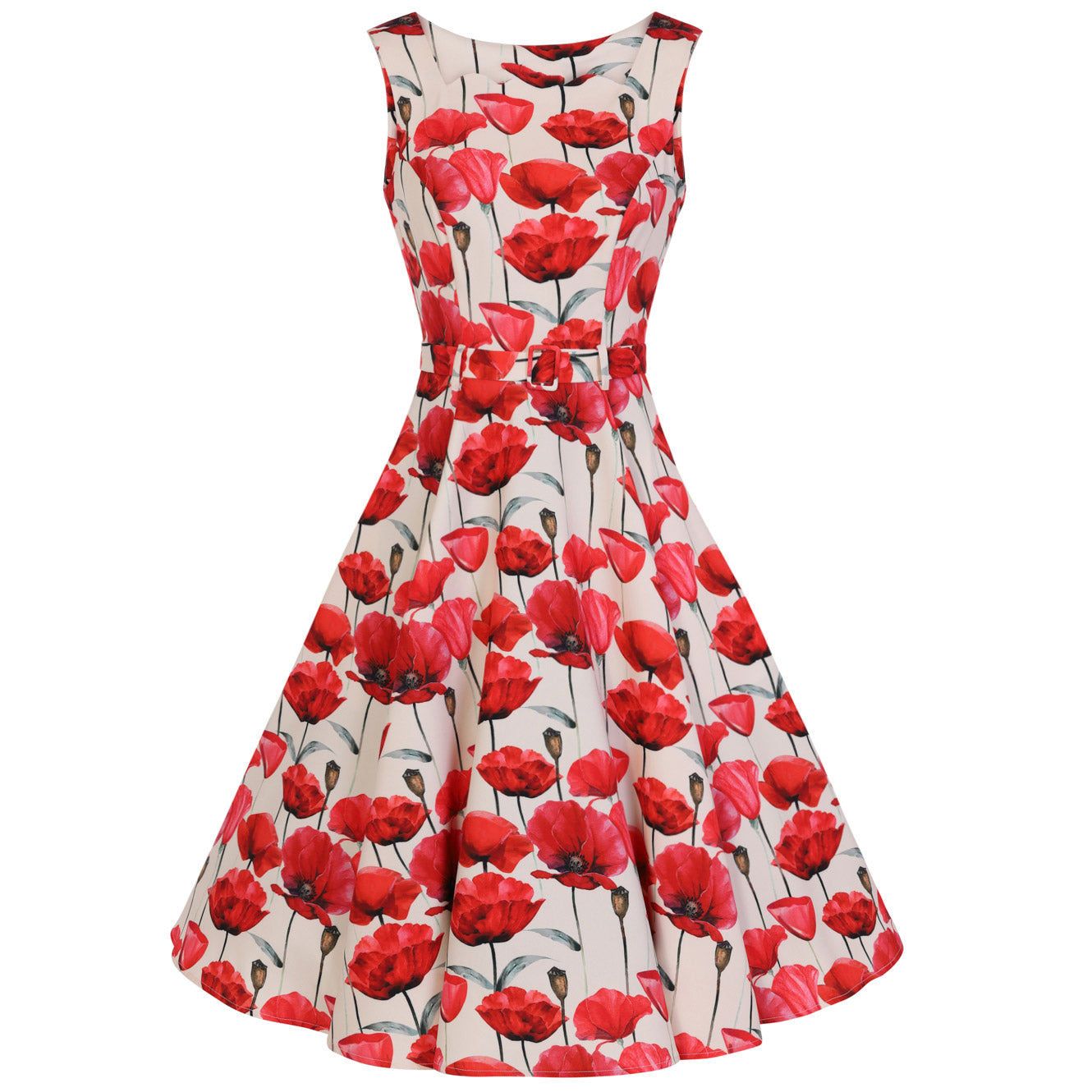 Off White Red Poppy Vintage Belted 1950s Swing Dress